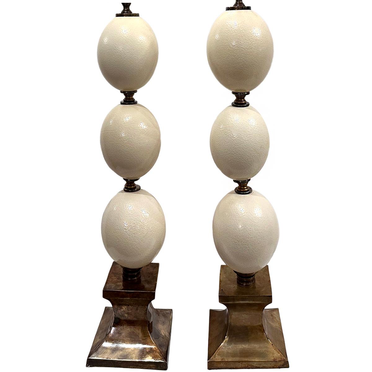 Pair of circa 1960's French patinated bronze ostrich egg table lamps.

Measurements:
Height of body: 27