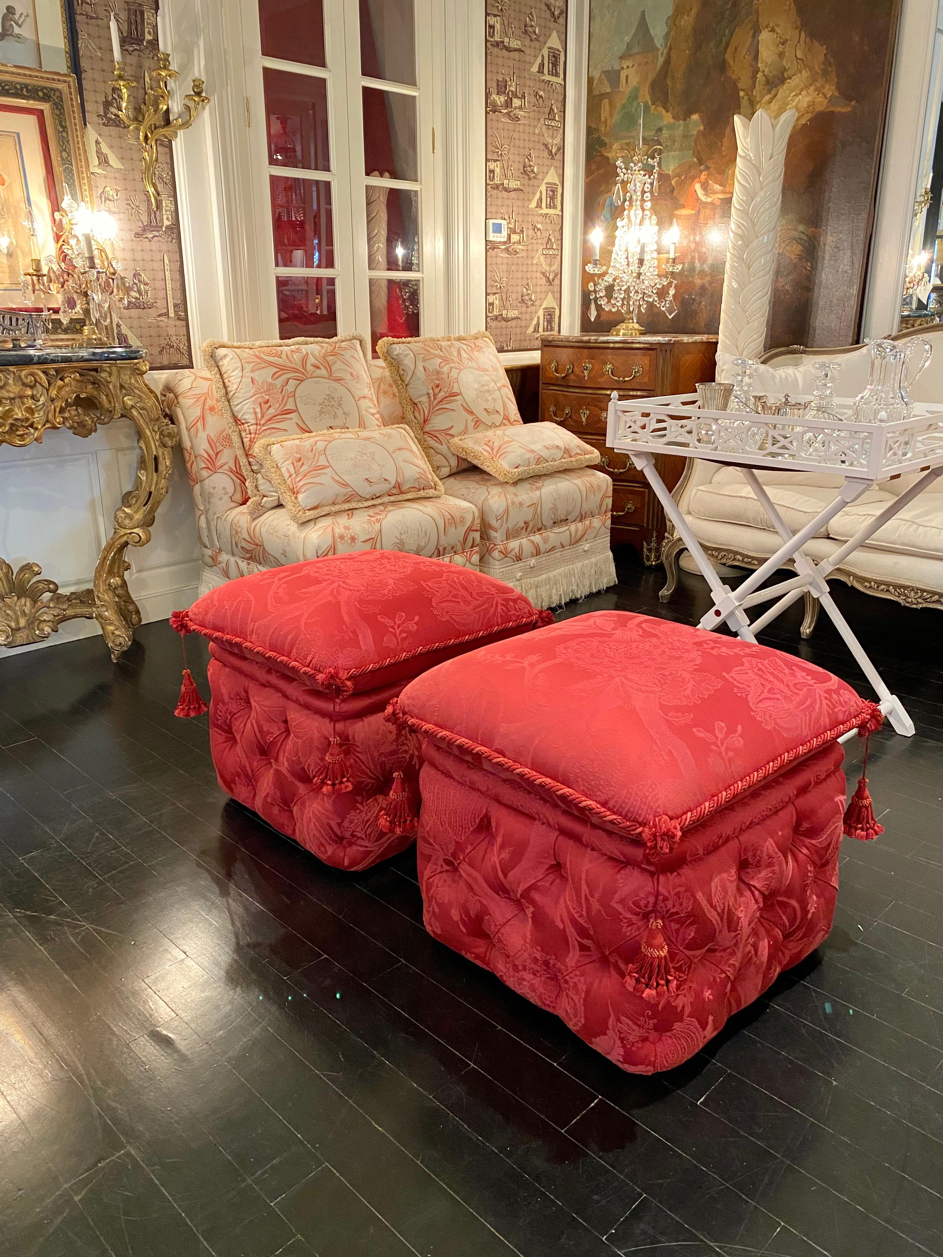 Pair of French Ottomans, Upholstered, Padded and Buttoned, Napoleon III Style For Sale 11