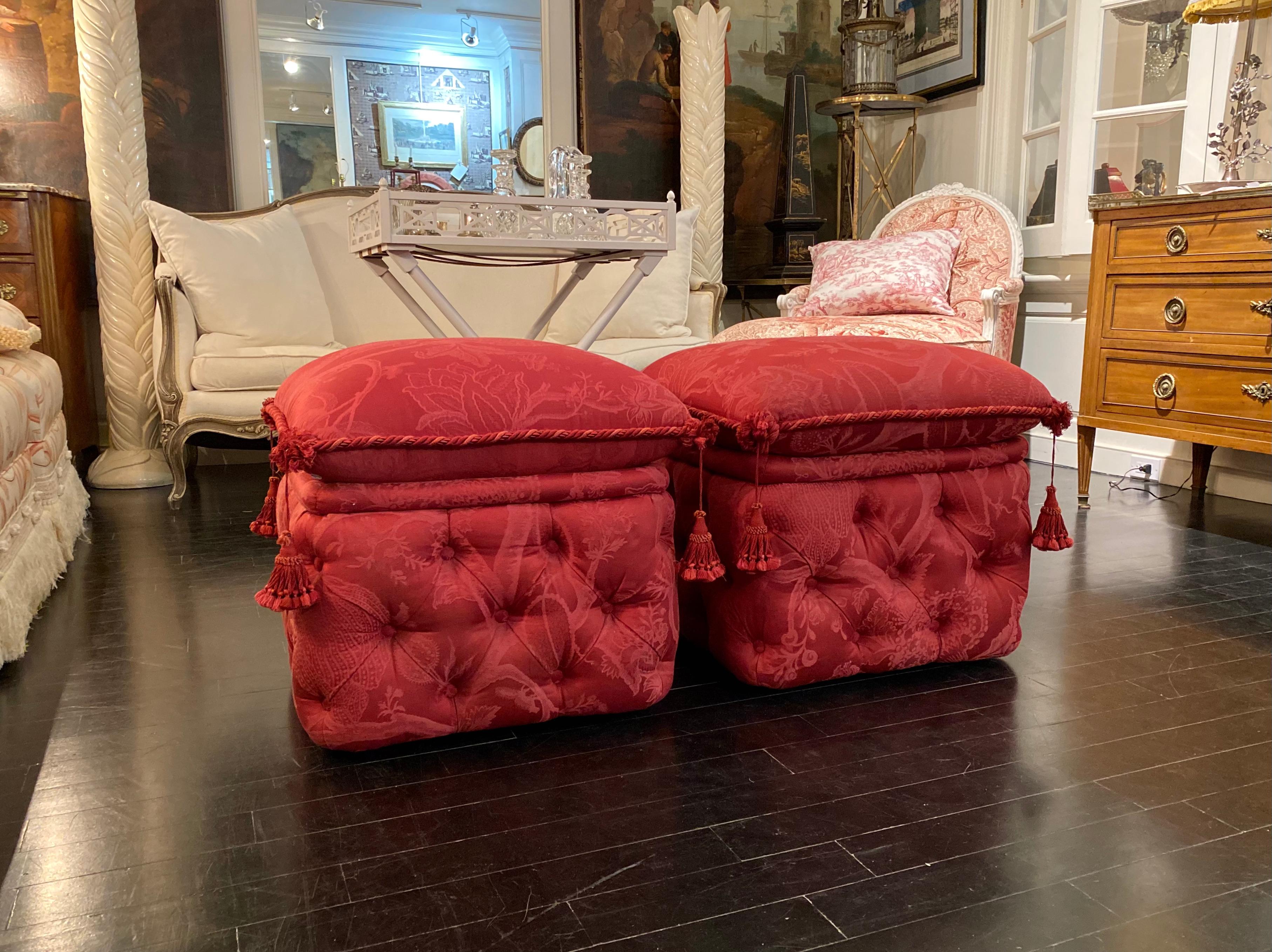 Pair of French ottomans, upholstered, padded and buttoned, with separate top cushions, Napoleon III Style, often referred to as 