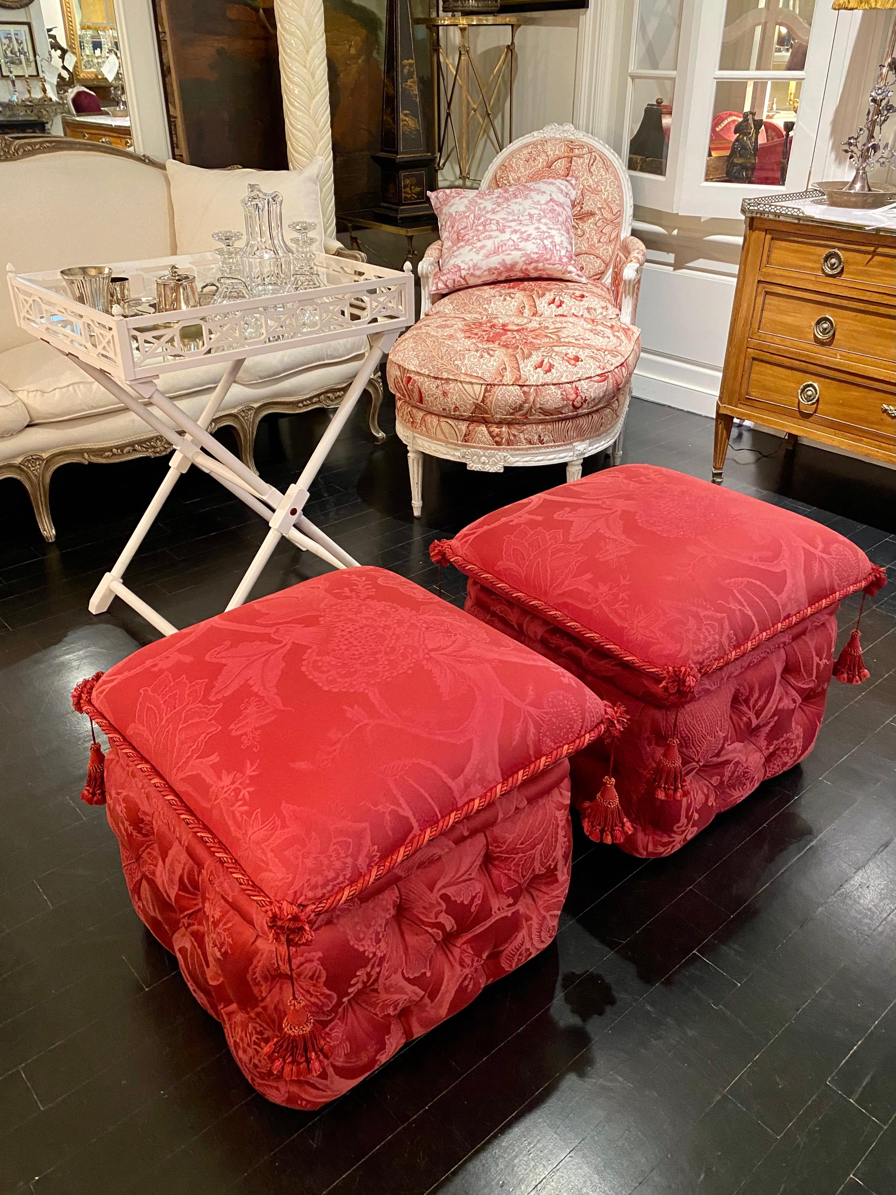 Pair of French Ottomans, Upholstered, Padded and Buttoned, Napoleon III Style For Sale 15