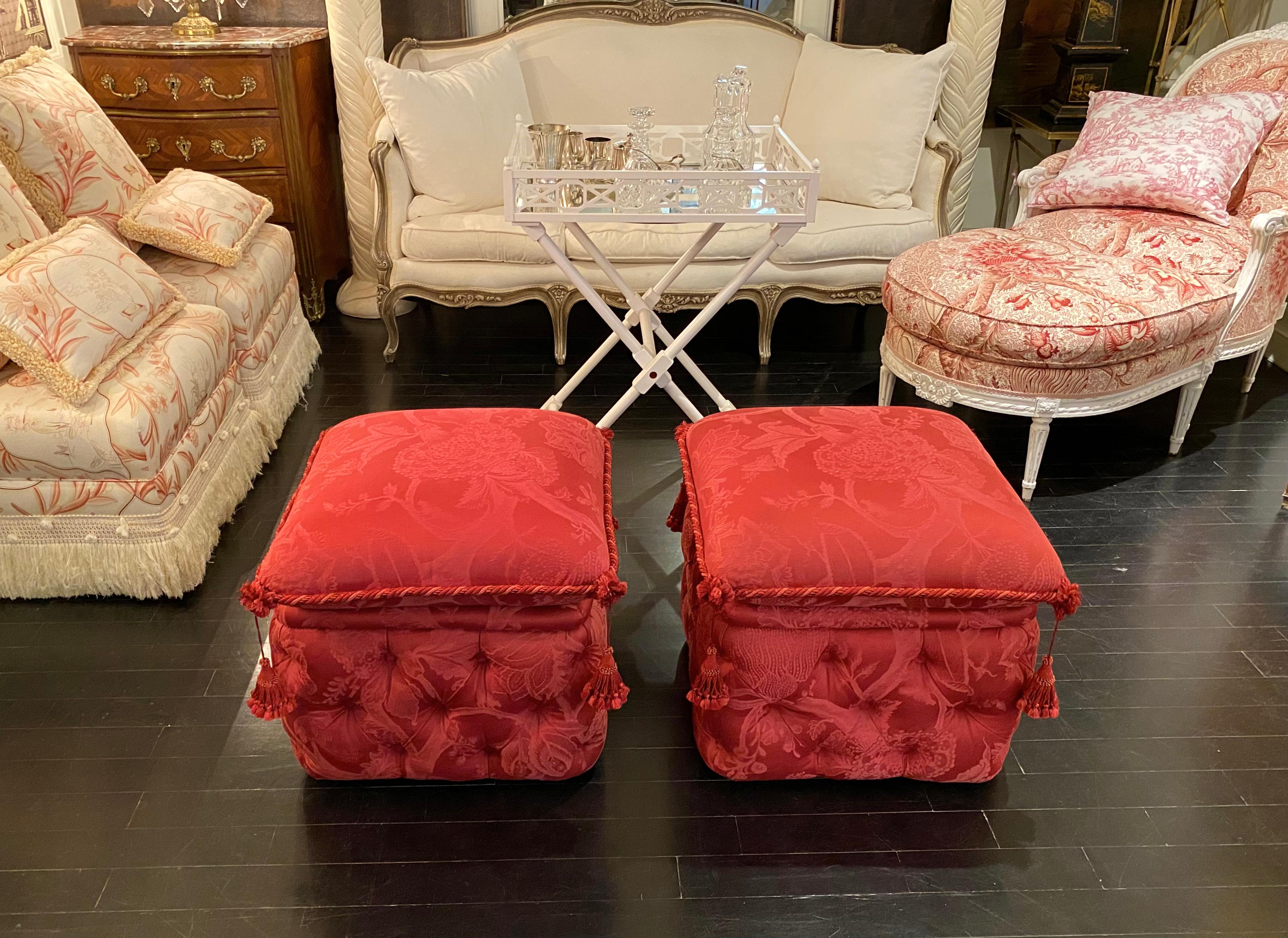 Damask Pair of French Ottomans, Upholstered, Padded and Buttoned, Napoleon III Style For Sale