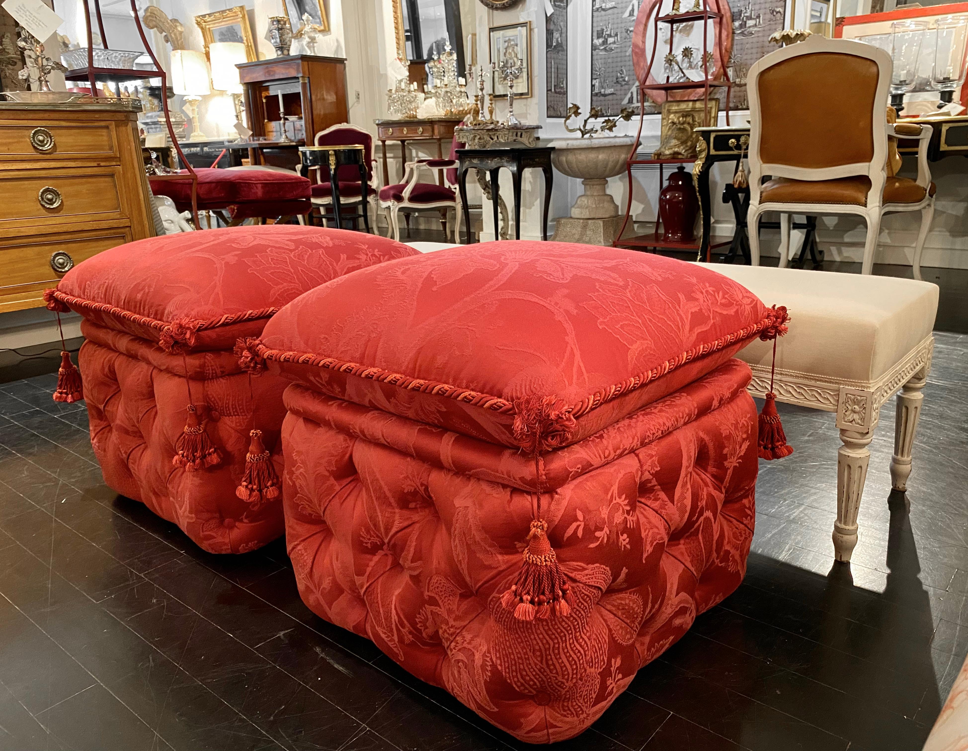 Pair of French Ottomans, Upholstered, Padded and Buttoned, Napoleon III Style For Sale 3