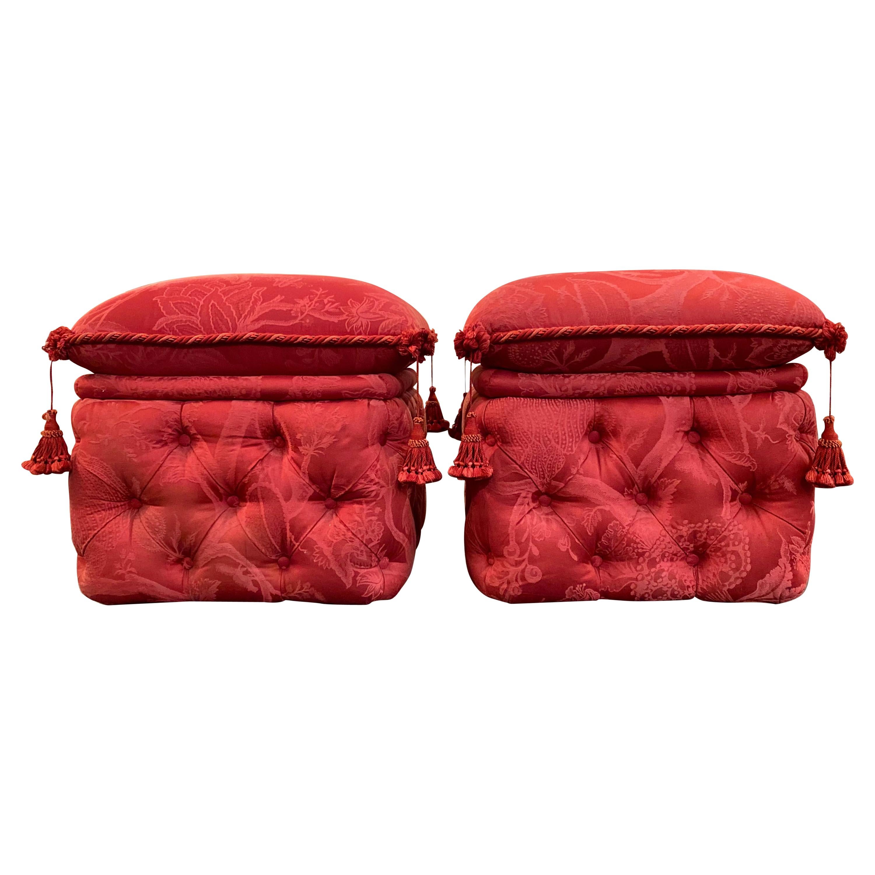 Pair of French Ottomans, Upholstered, Padded and Buttoned, Napoleon III Style For Sale