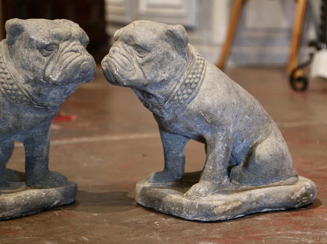 Hand-Crafted Pair of French Outdoor Weathered Carved Stone Garden Statuary Bulldogs