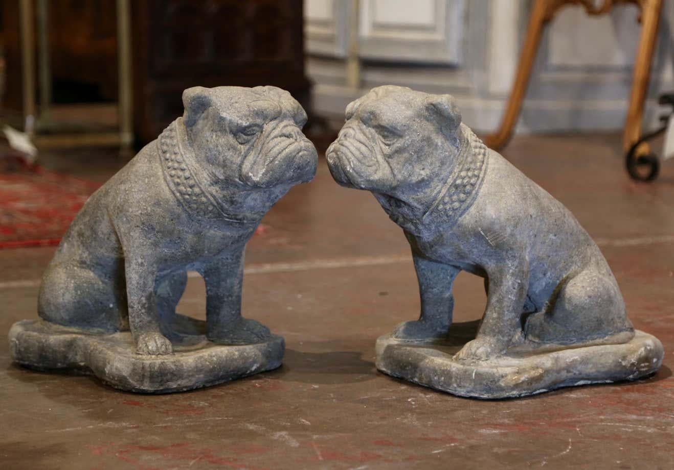 Pair of French Outdoor Weathered Carved Stone Garden Statuary Bulldogs In Excellent Condition In Dallas, TX