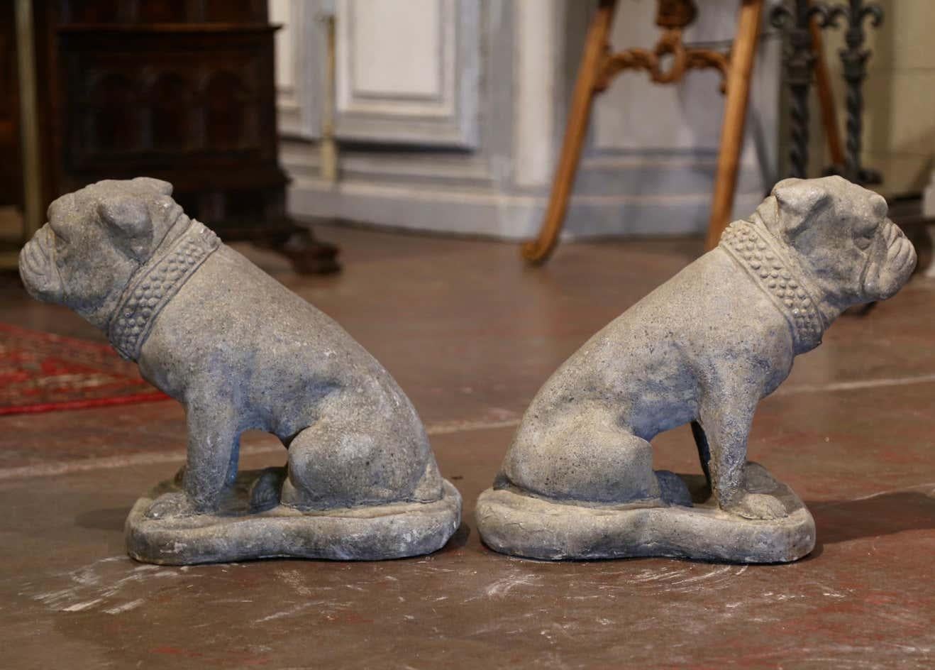 20th Century Pair of French Outdoor Weathered Carved Stone Garden Statuary Bulldogs