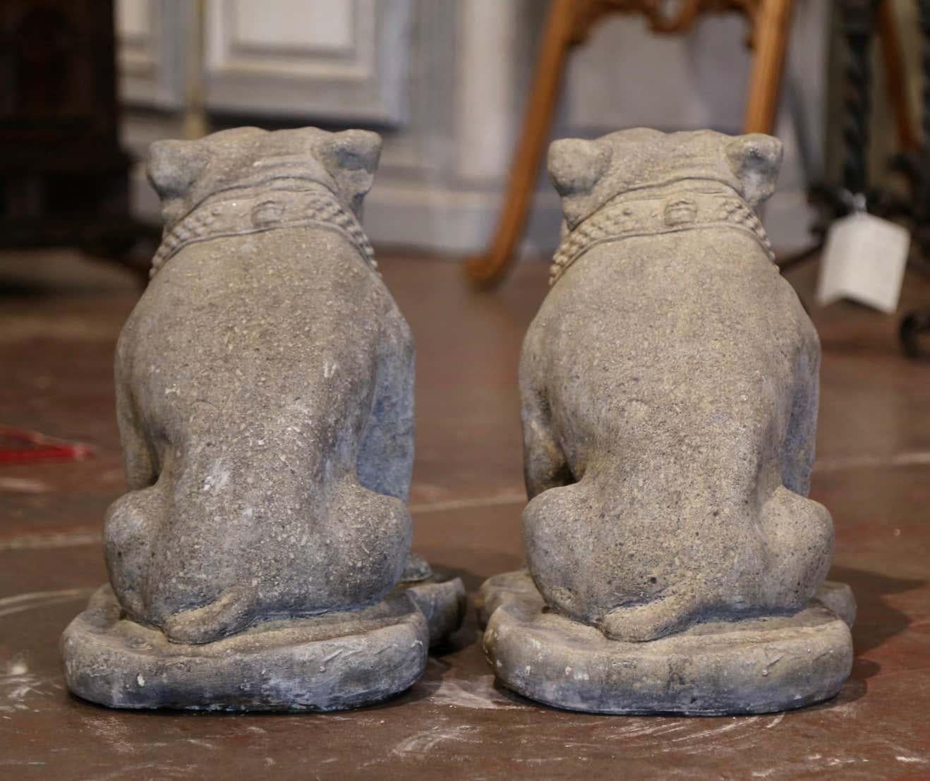 Pair of French Outdoor Weathered Carved Stone Garden Statuary Bulldogs 2