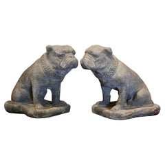 Paar französische verwitterte geschnitzte Stein-Gartenstatuen-Stiere für den Außenbereich, Bulldoggen