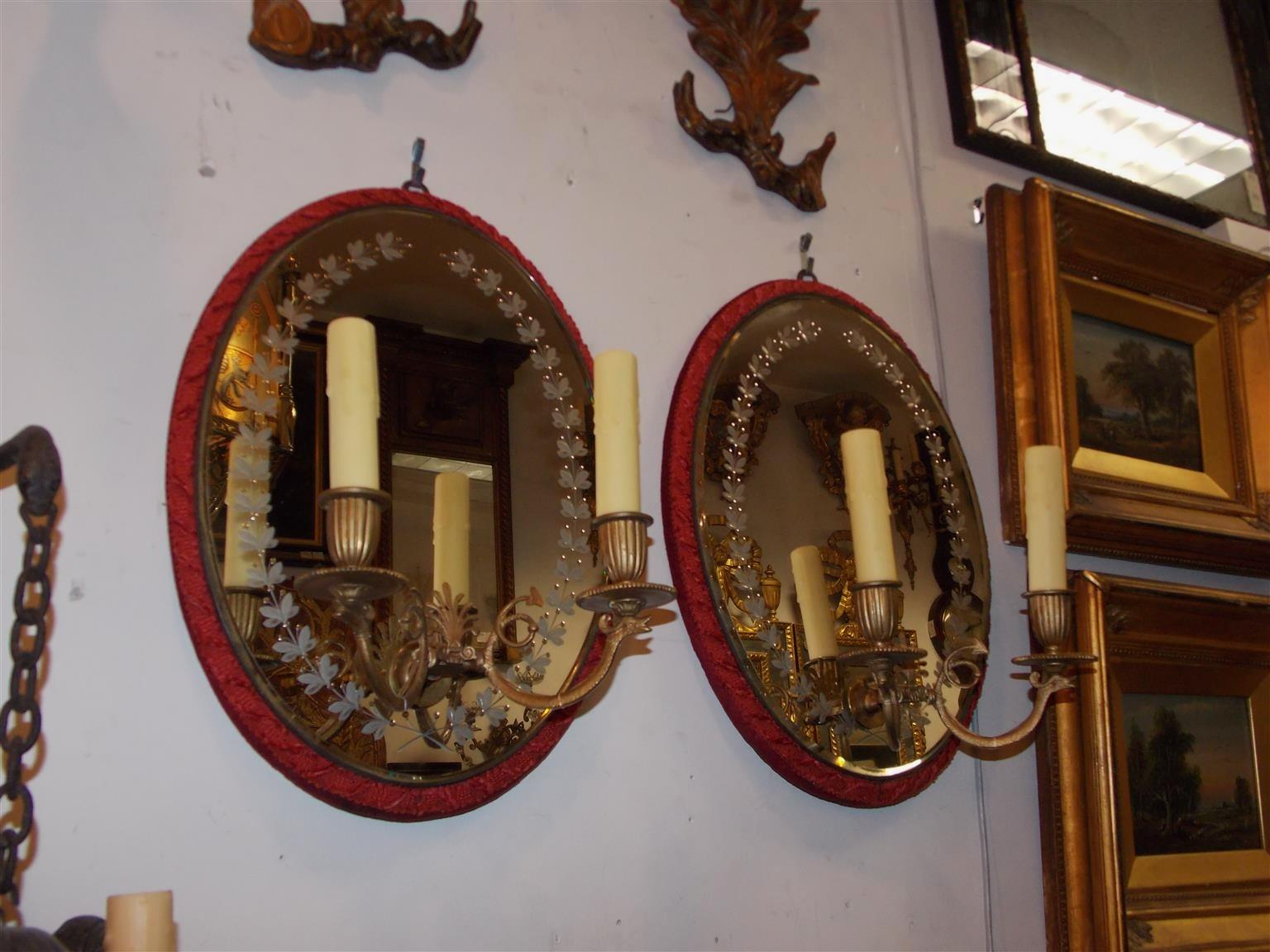 Louis Philippe Pair of French Oval Acid Etched Gilt Bronze Mirrored Wall Sconces, Circa 1840 For Sale