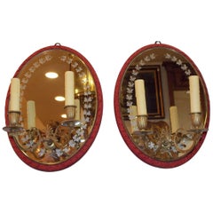 Pair of French Oval Acid Etched Gilt Bronze Mirrored Wall Sconces, Circa 1840