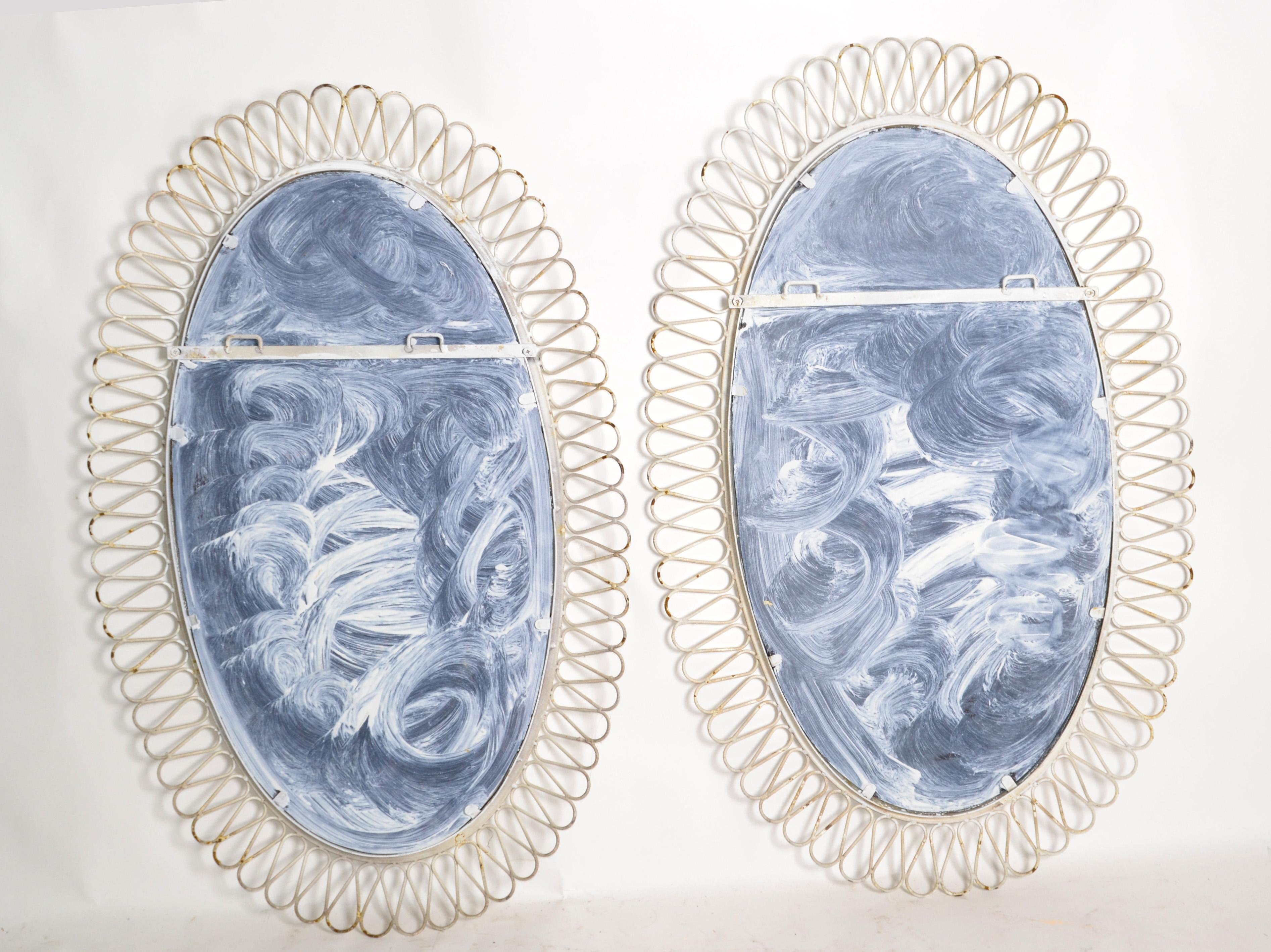 Pair of French Oval Wrought Iron Wall Mirror Antique White distressed Look, 1950 6