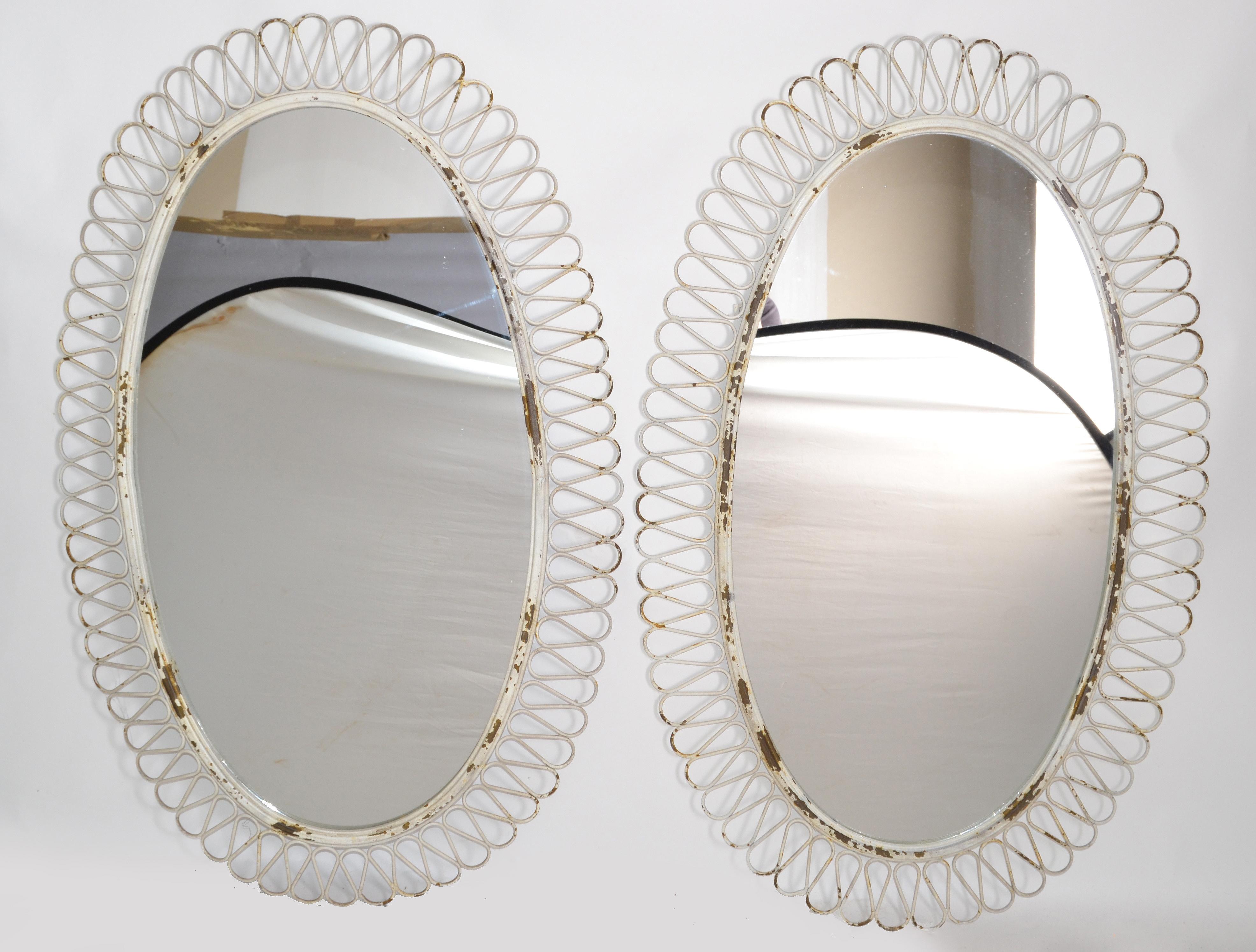 Pair of French Oval Wrought Iron Wall Mirror Antique White distressed Look, 1950 7