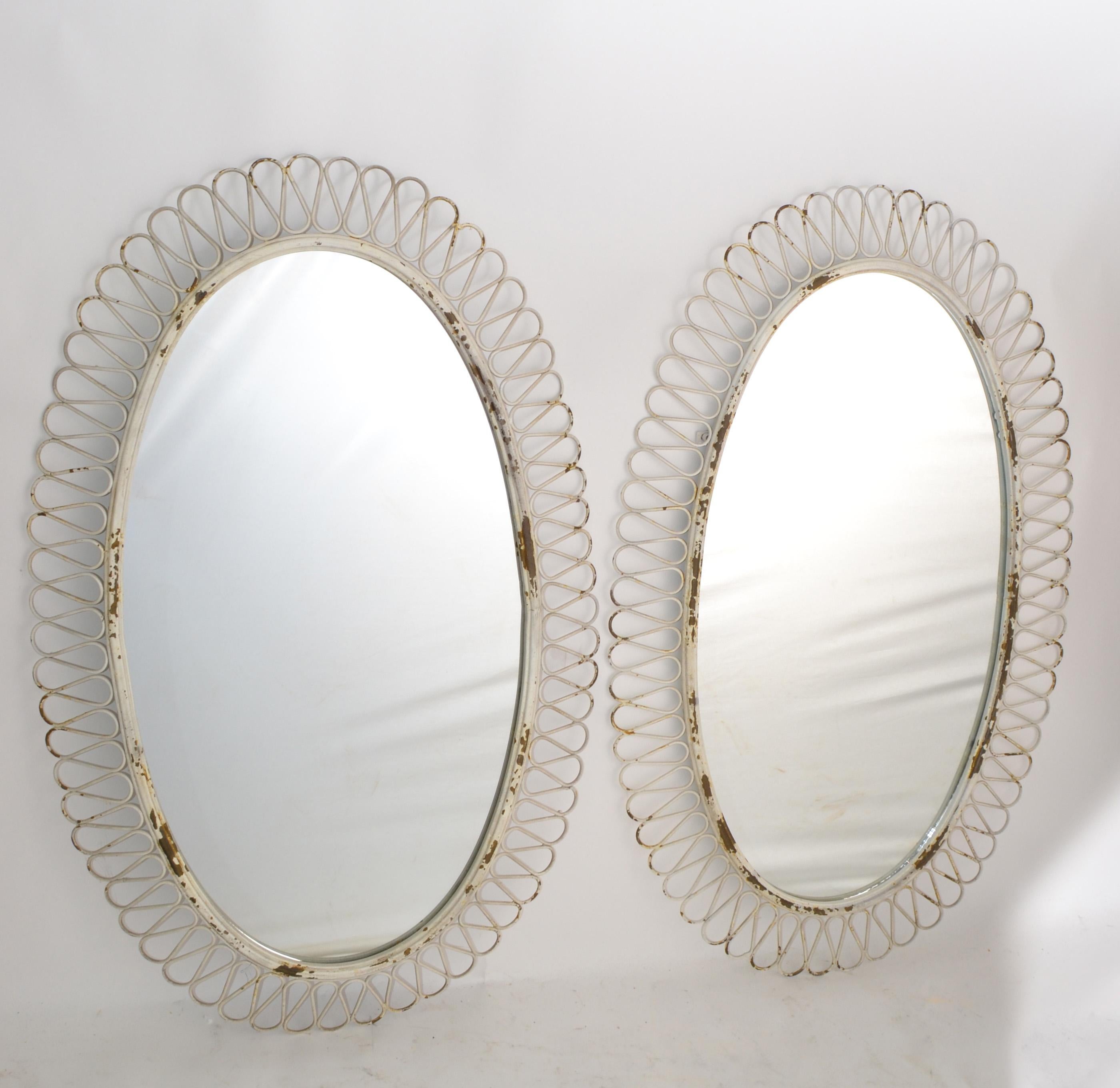 Mid-Century Modern Pair of French Oval Wrought Iron Wall Mirror Antique White distressed Look, 1950