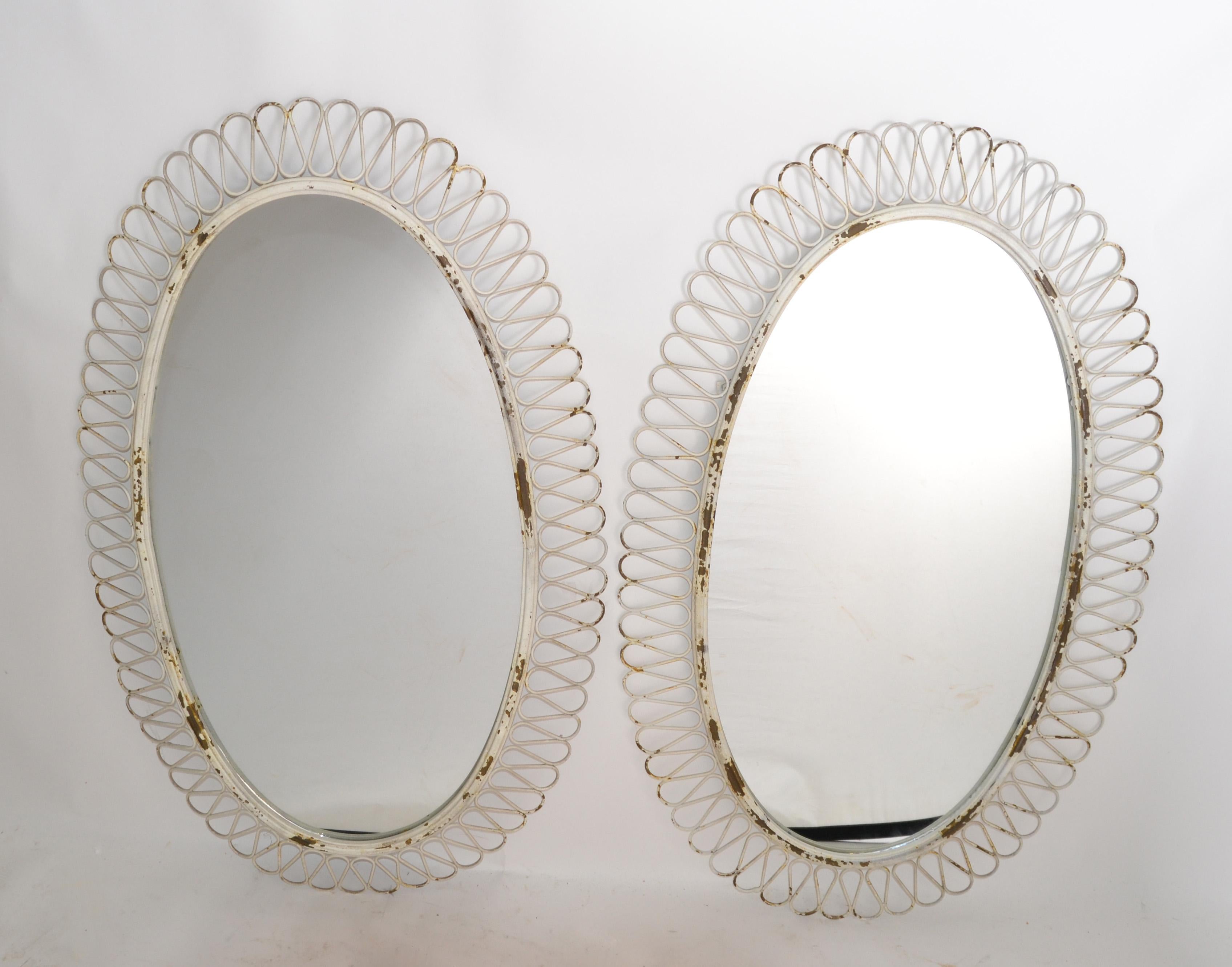 Hand-Crafted Pair of French Oval Wrought Iron Wall Mirror Antique White distressed Look, 1950