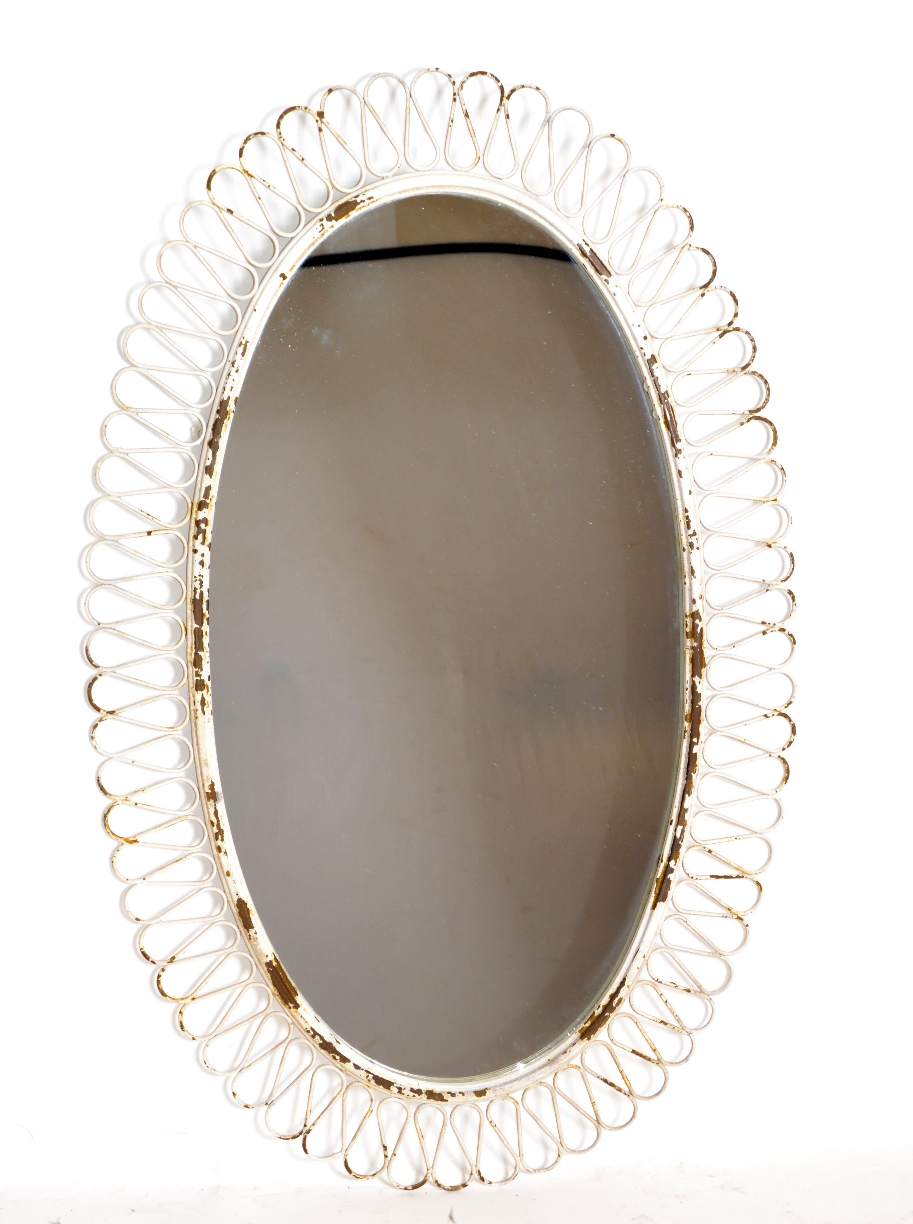 Mid-20th Century Pair of French Oval Wrought Iron Wall Mirror Antique White distressed Look, 1950