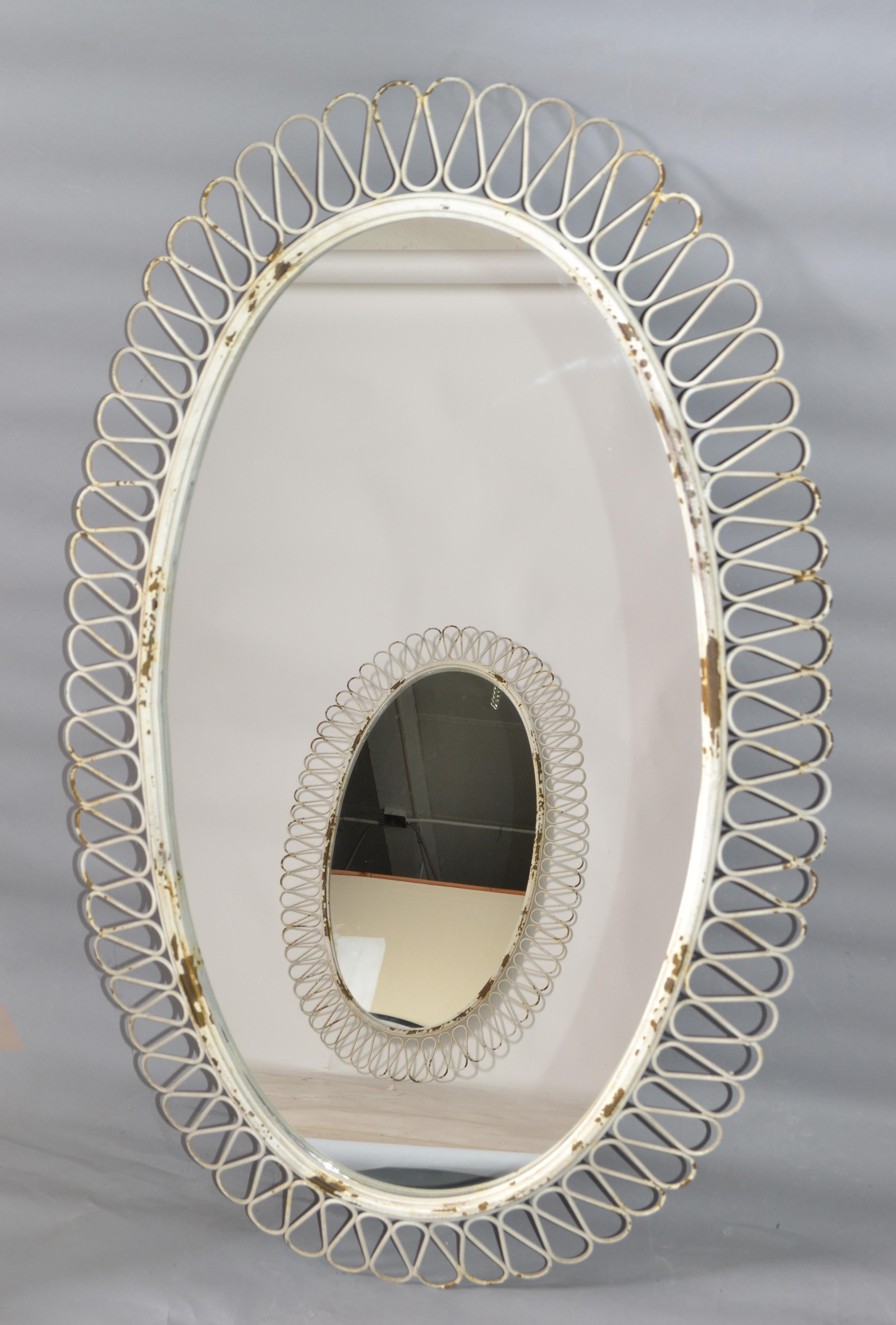 Pair of French Oval Wrought Iron Wall Mirror Antique White distressed Look, 1950 1