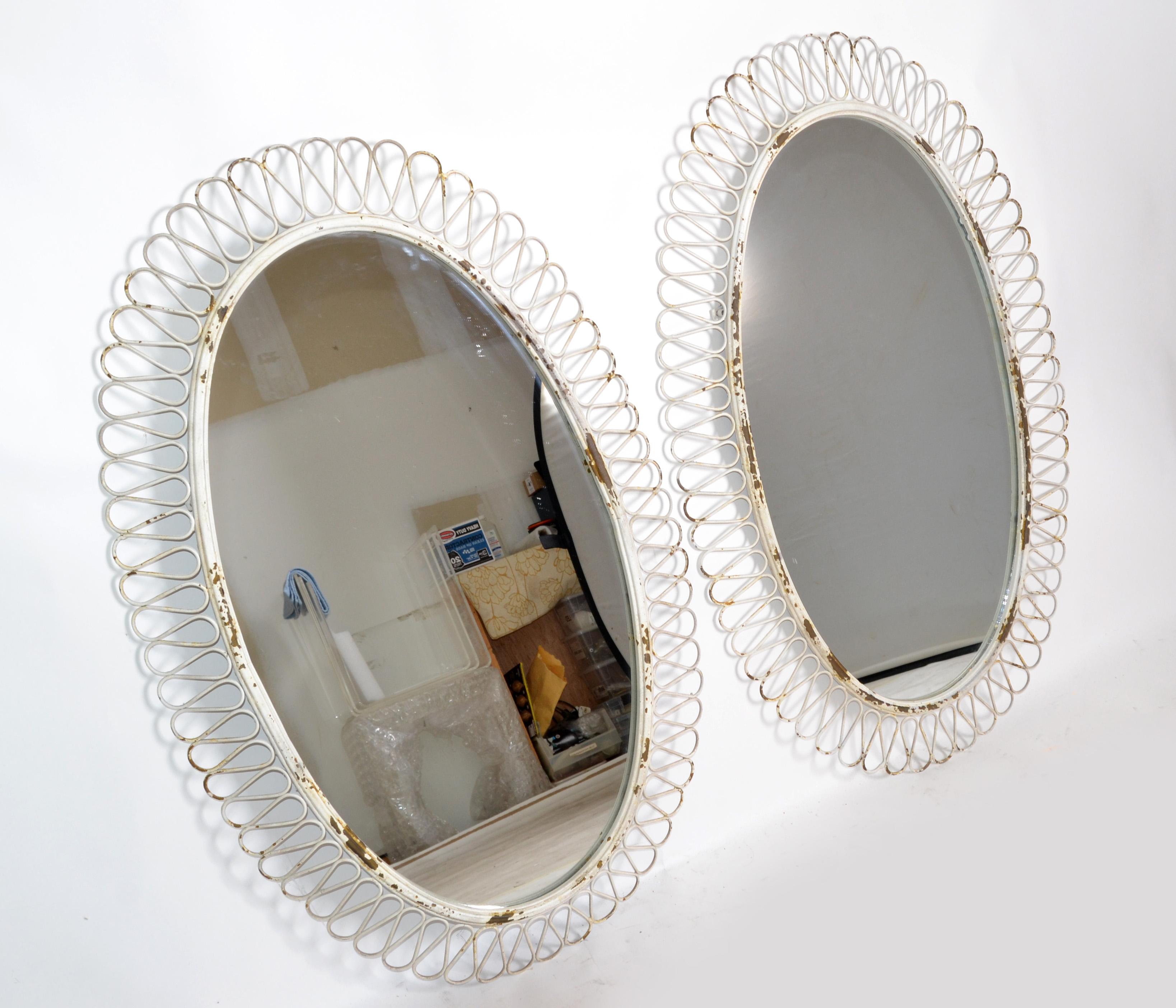 Pair of French Oval Wrought Iron Wall Mirror Antique White distressed Look, 1950 2