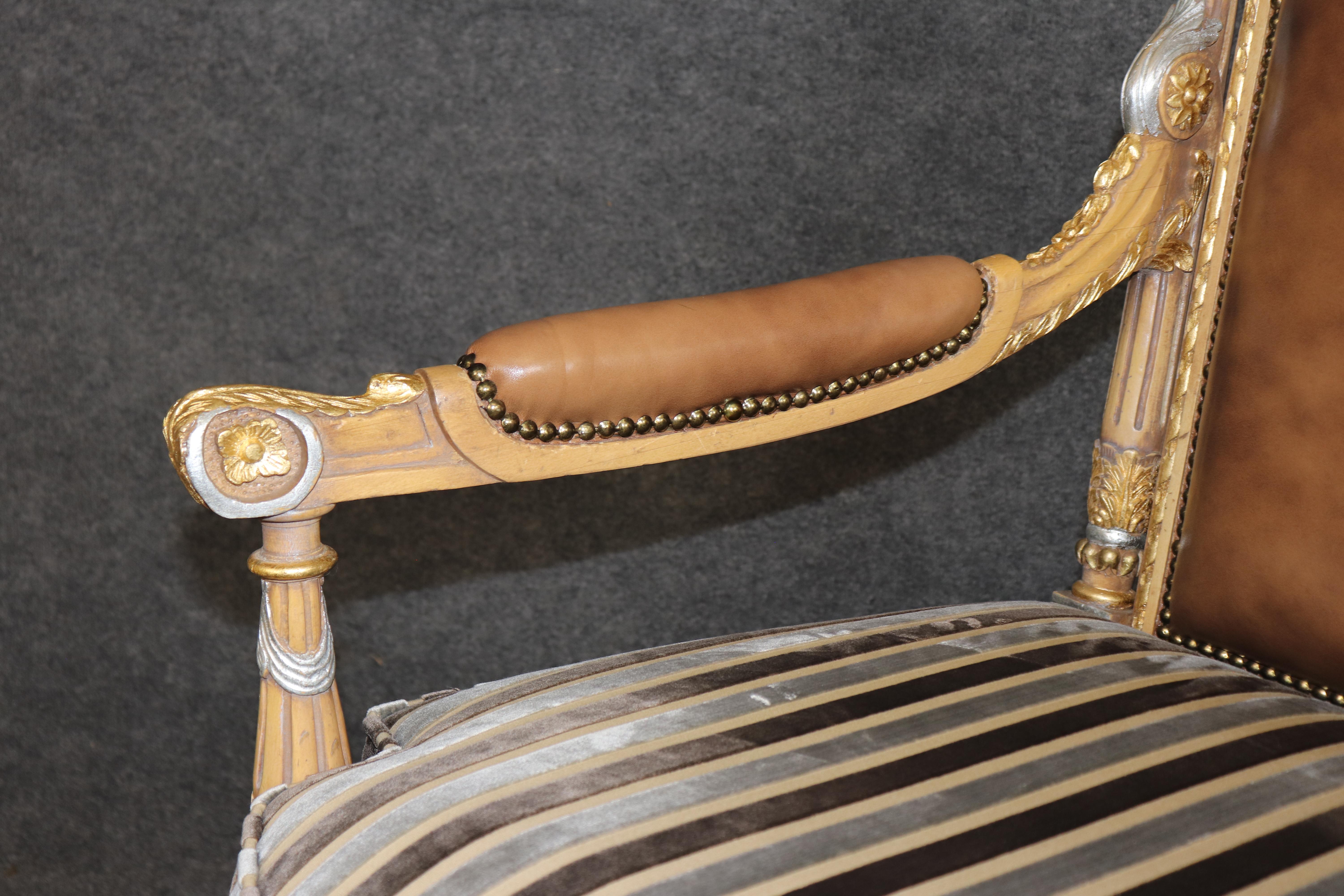 Pair of French Paint Decorated Carved Gilded French Louis XVI Armchairs For Sale 5