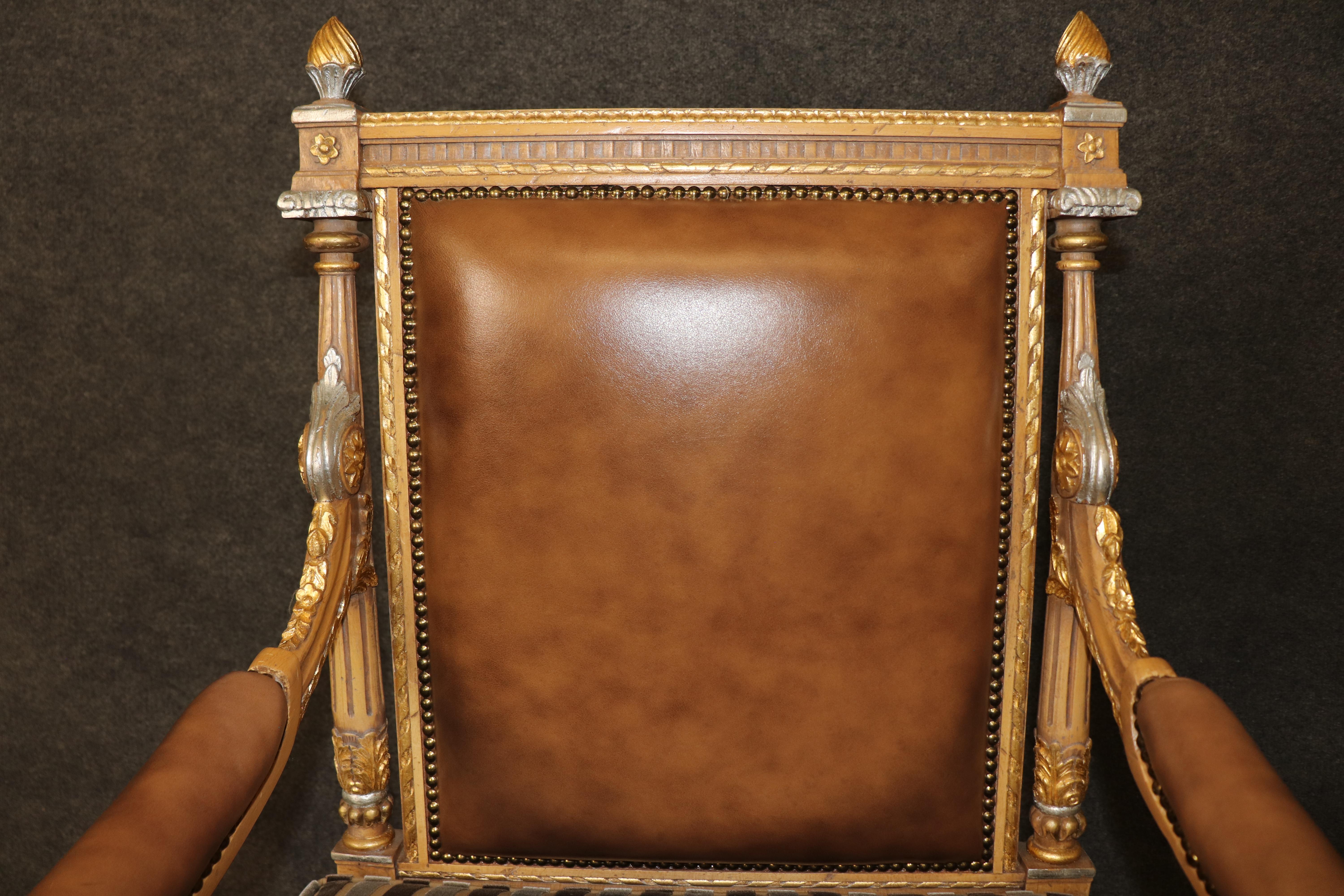 Pair of French Paint Decorated Carved Gilded French Louis XVI Armchairs For Sale 7