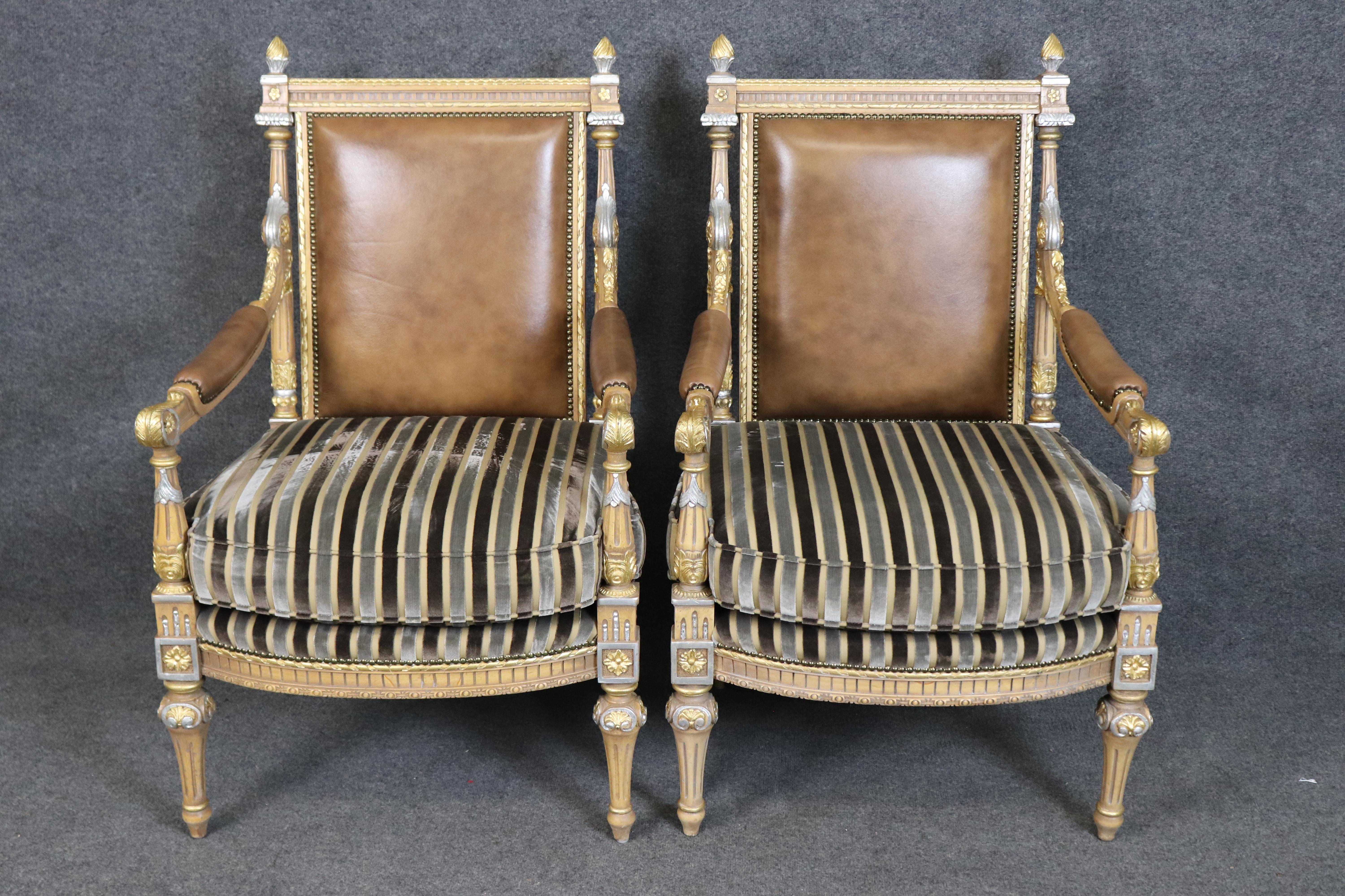 Pair of French Paint Decorated Carved Gilded French Louis XVI Armchairs In Good Condition For Sale In Swedesboro, NJ