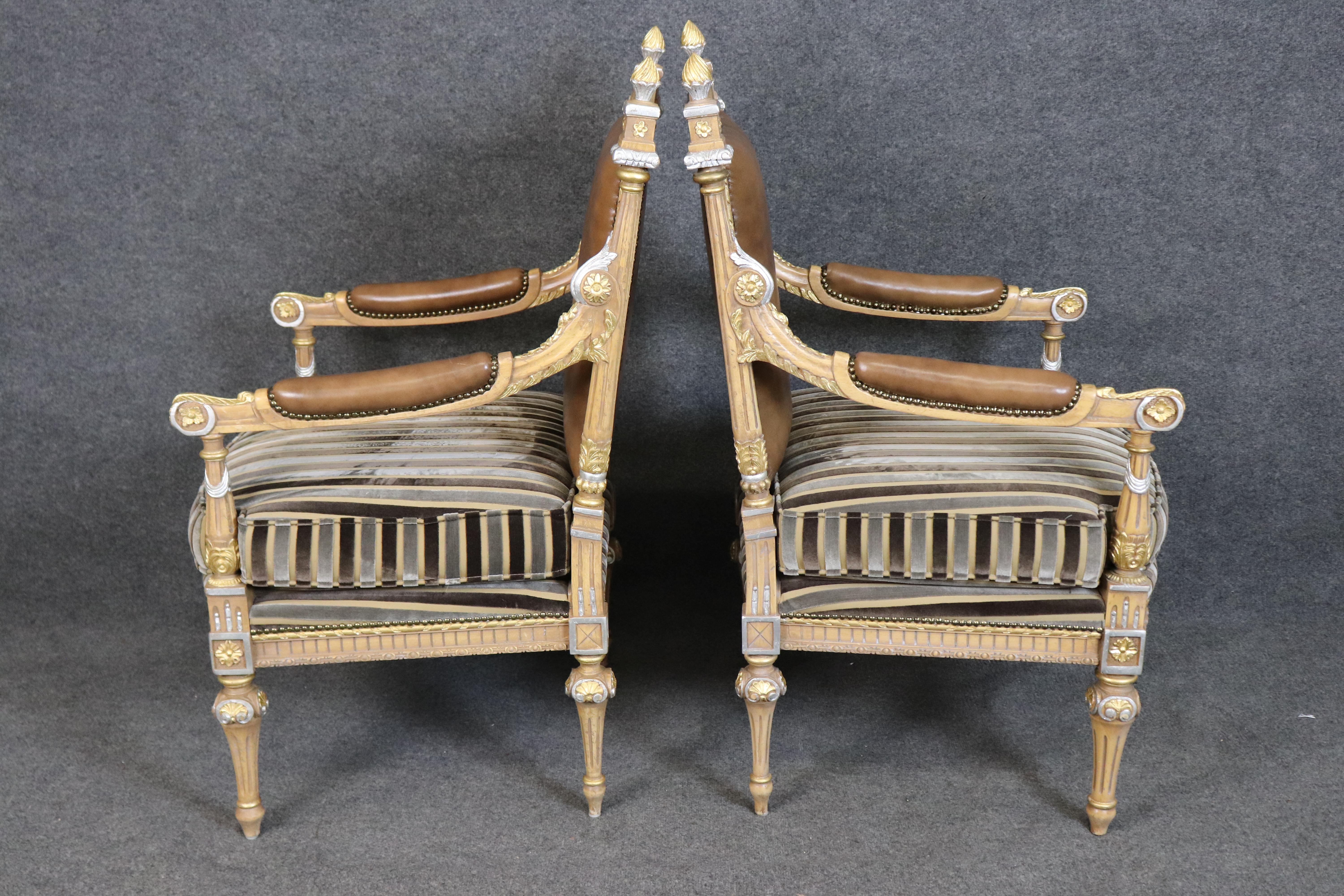 Mid-20th Century Pair of French Paint Decorated Carved Gilded French Louis XVI Armchairs For Sale