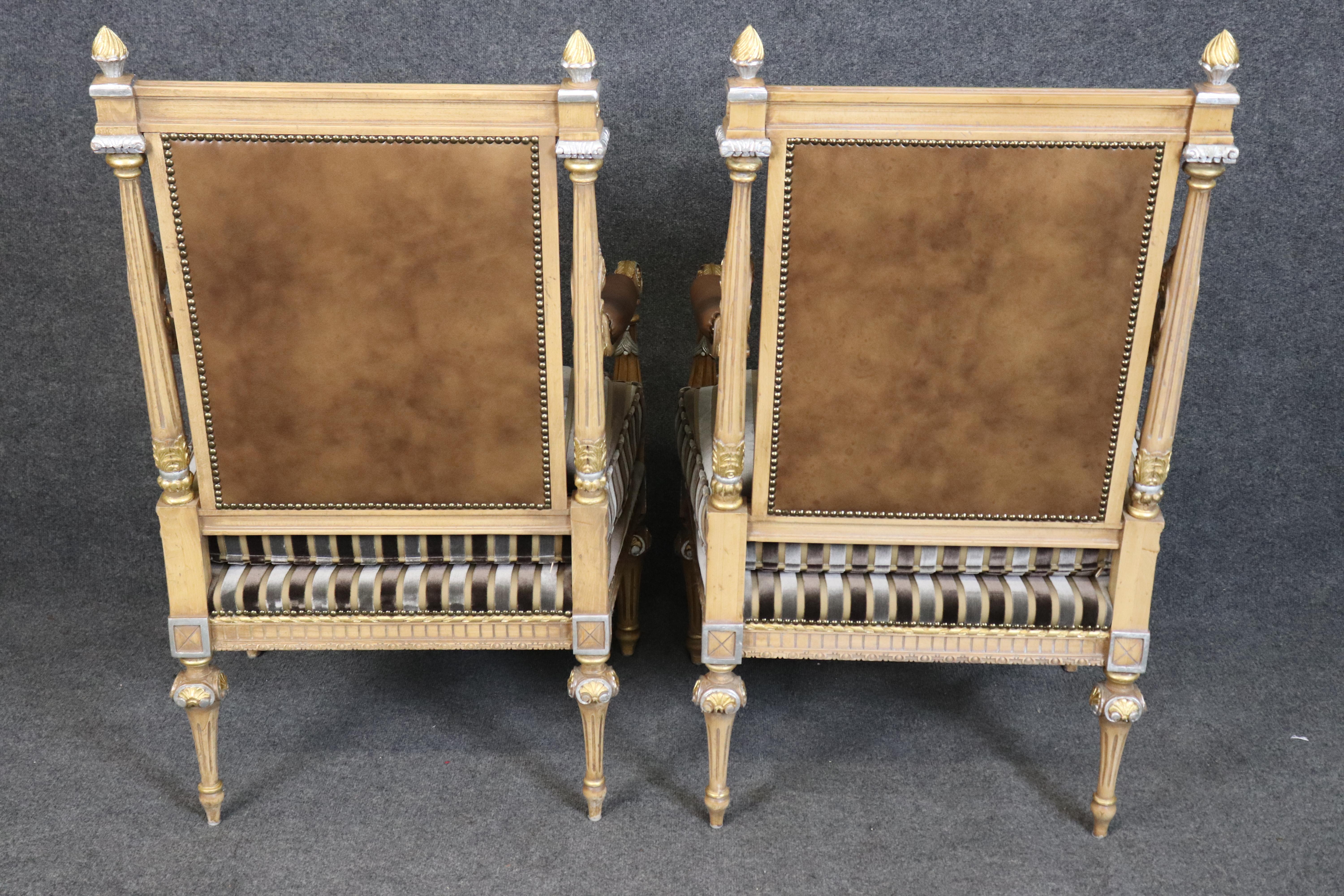 Walnut Pair of French Paint Decorated Carved Gilded French Louis XVI Armchairs For Sale