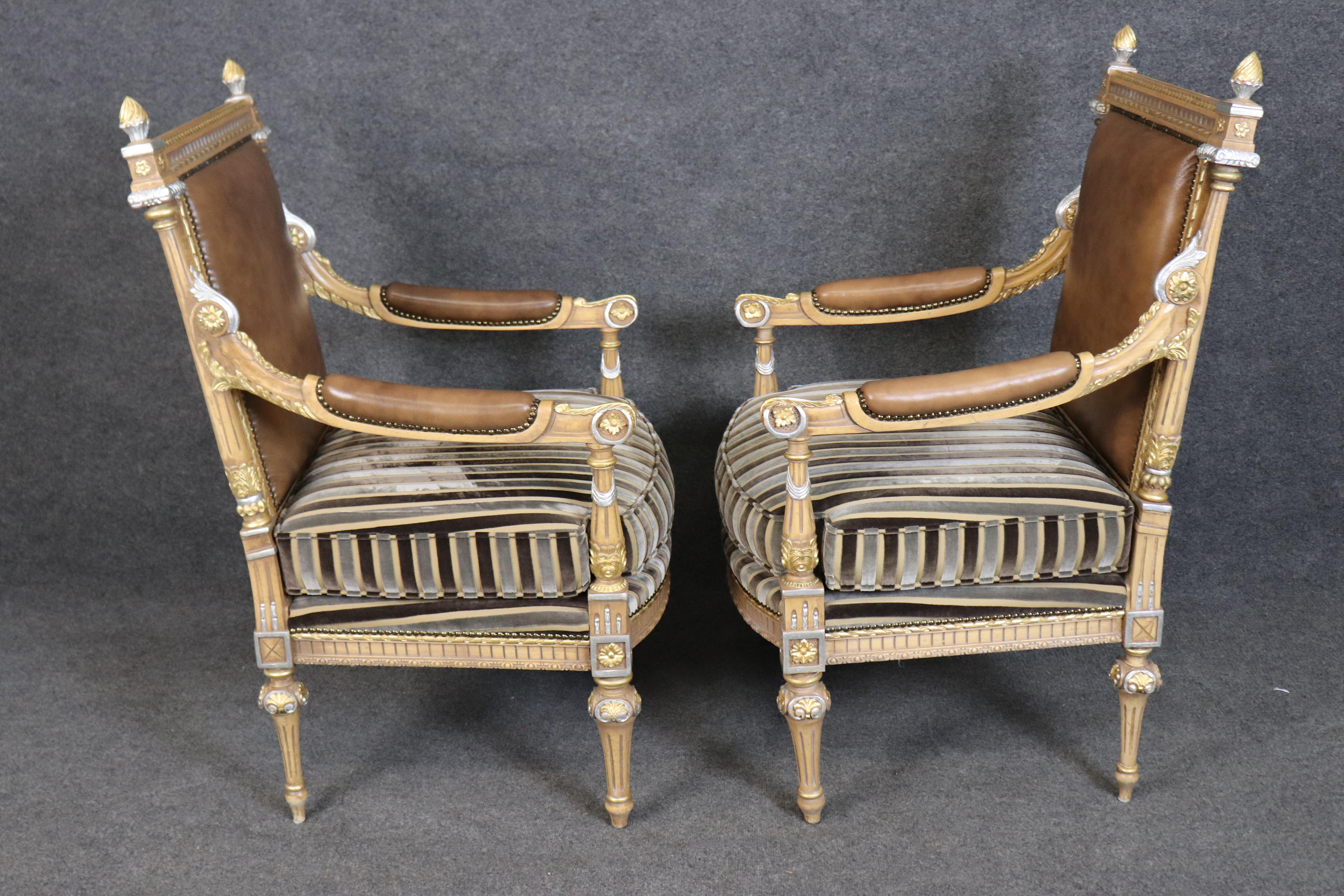 Pair of French Paint Decorated Carved Gilded French Louis XVI Armchairs For Sale 1