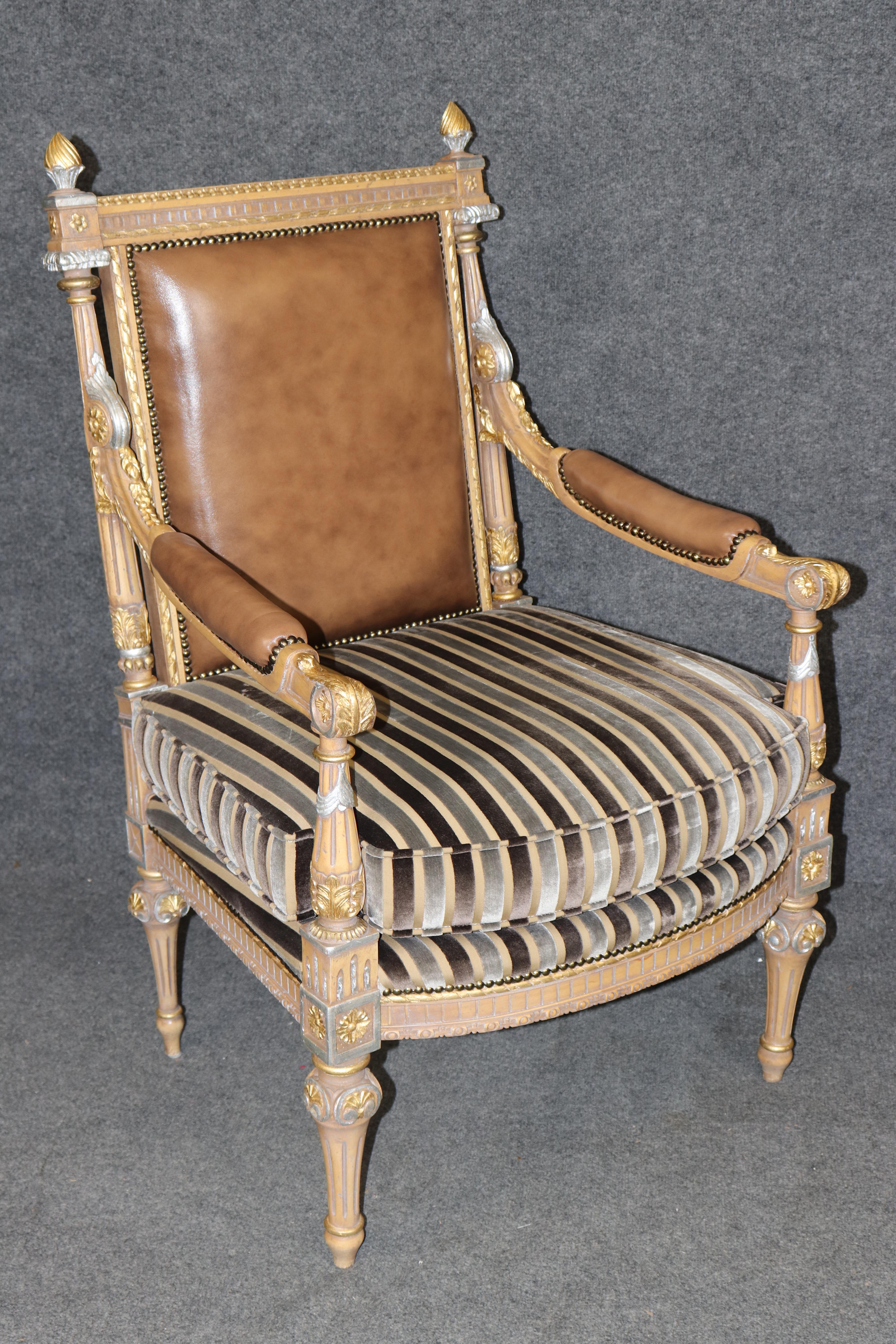 Pair of French Paint Decorated Carved Gilded French Louis XVI Armchairs For Sale 2