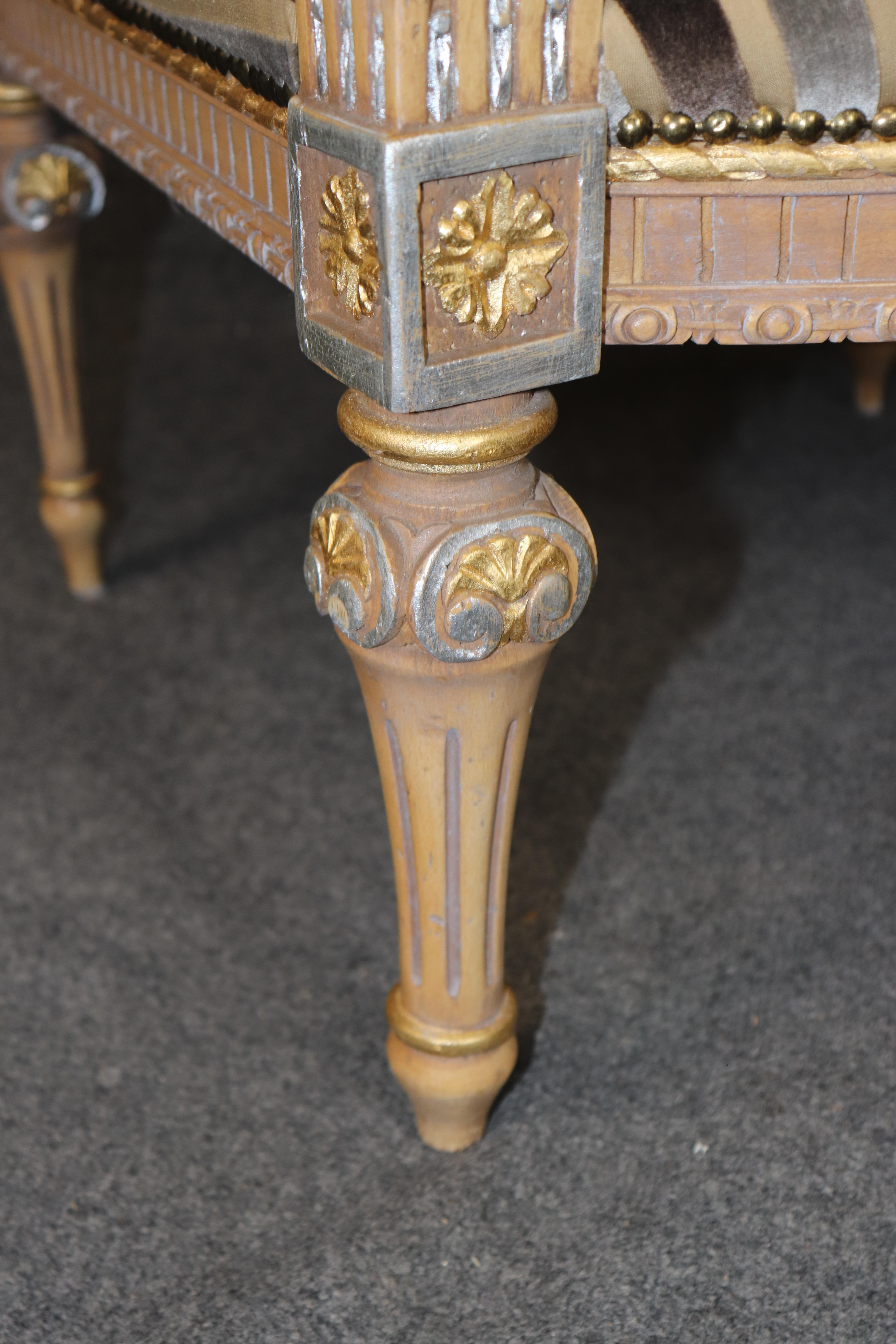 Pair of French Paint Decorated Carved Gilded French Louis XVI Armchairs For Sale 3