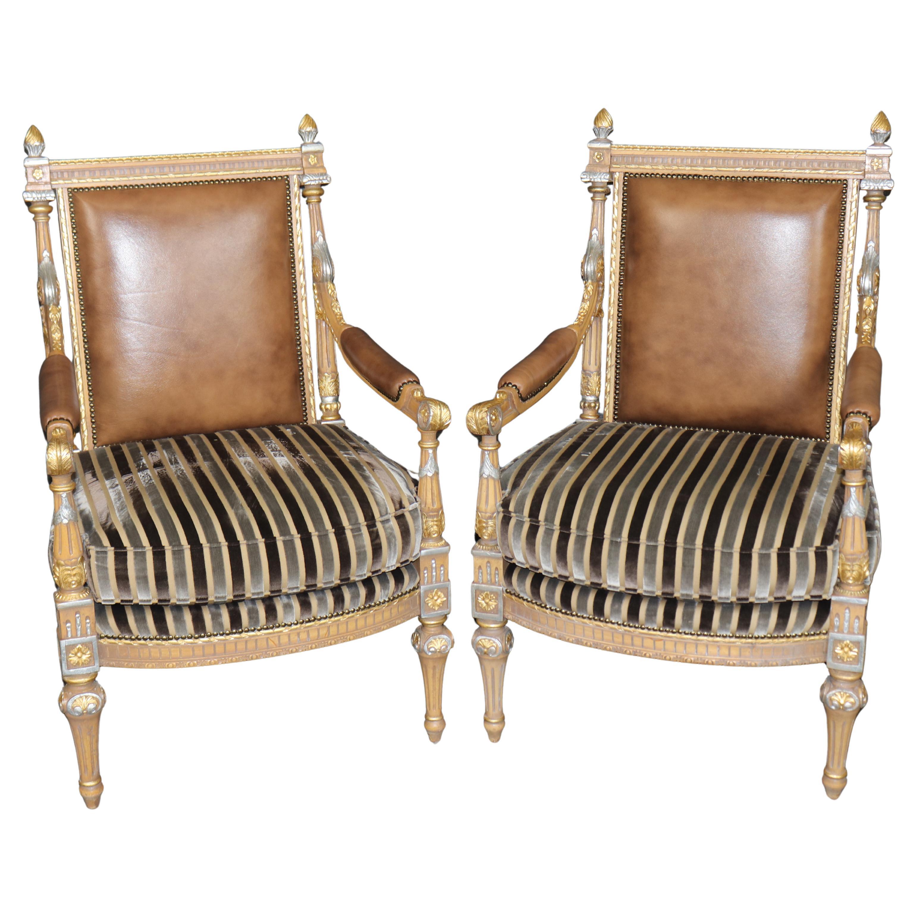 Pair of French Paint Decorated Carved Gilded French Louis XVI Armchairs For Sale
