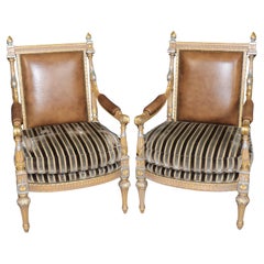 Pair of French Paint Decorated Carved Gilded French Louis XVI Armchairs