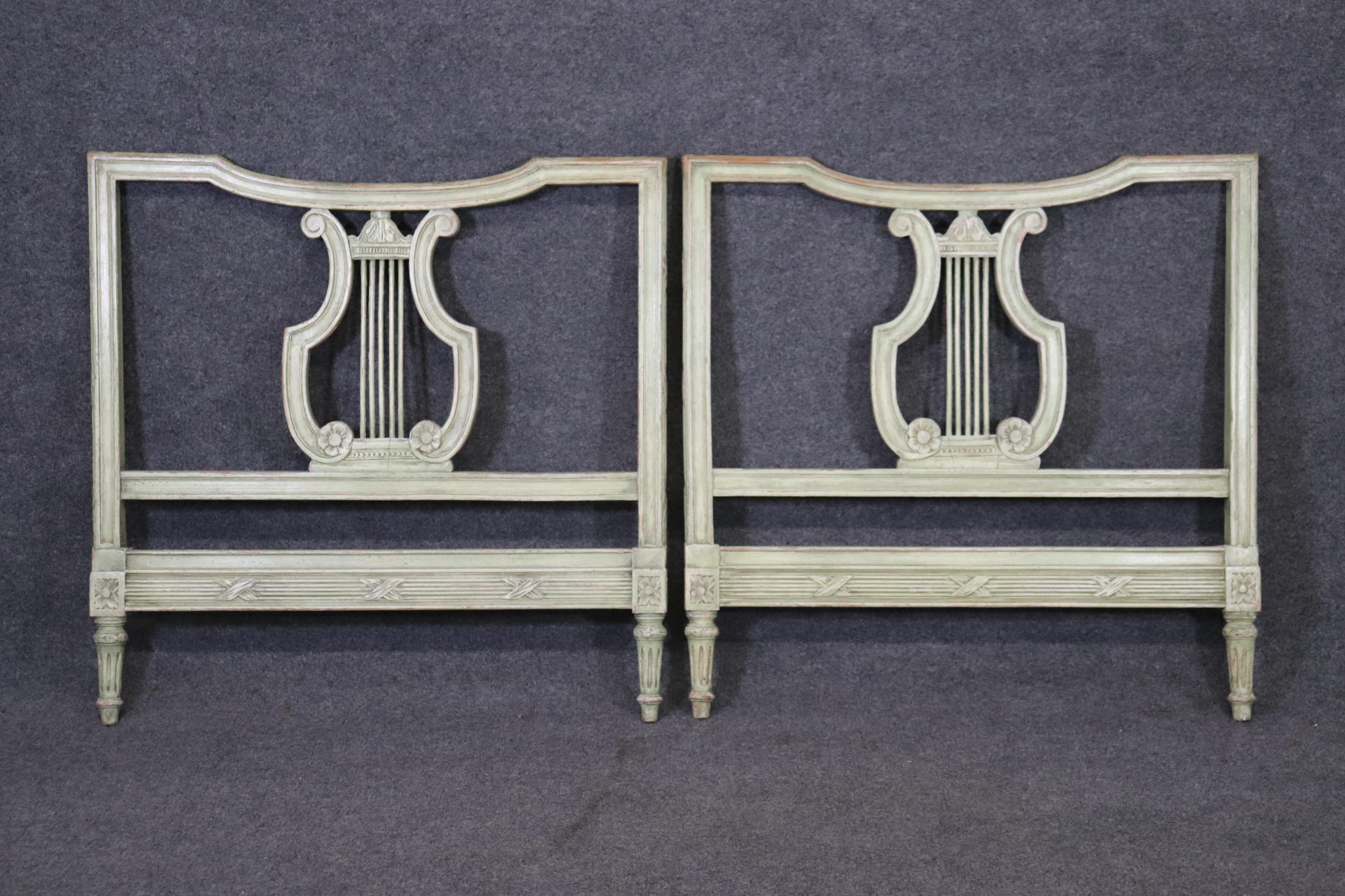 Walnut Pair of French Paint Decorated Lyre Back French Directoire Daybeds, Circa 1940s