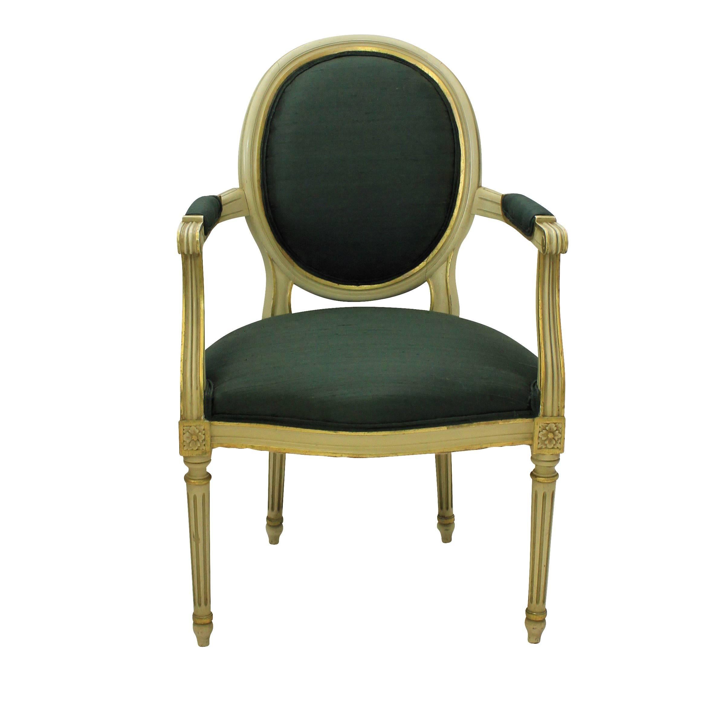 Mid-Century Modern Pair of French Painted and Gilded Armchairs