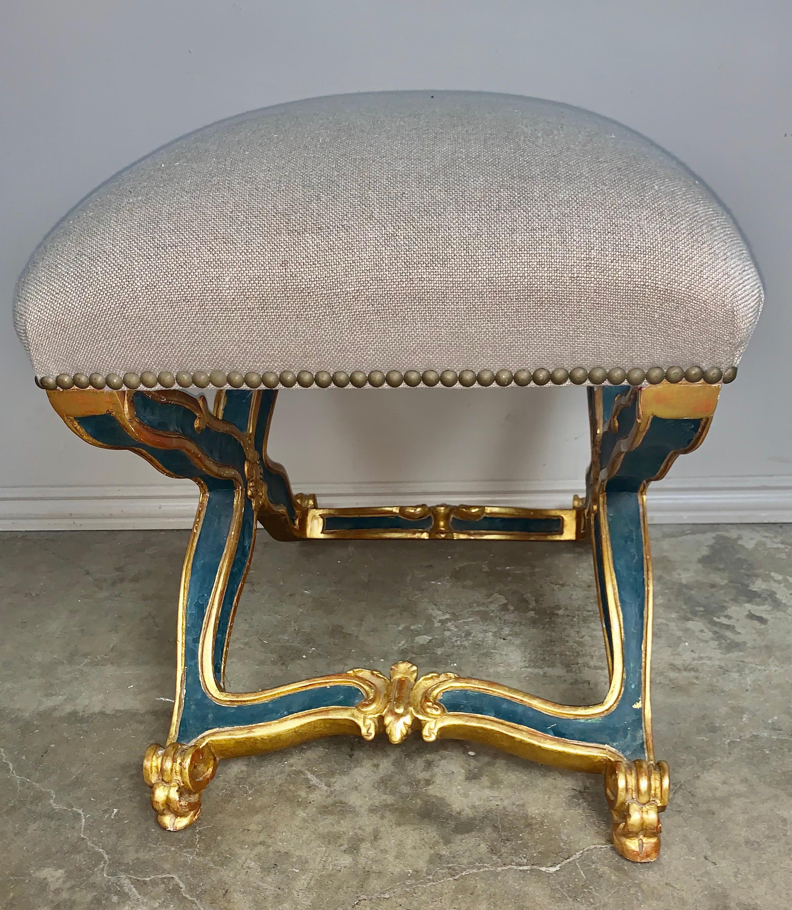 Linen Pair of French Painted and Parcel-Gilt Benches, circa 1900s