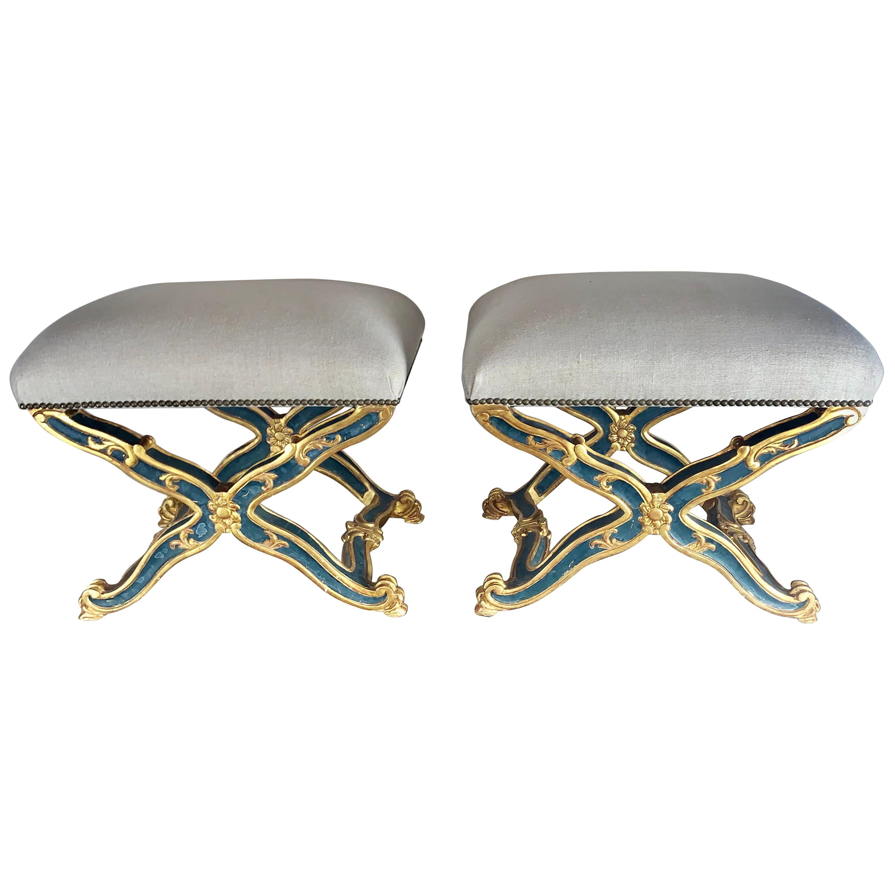 Pair of French Painted and Parcel-Gilt Benches, circa 1900s