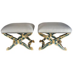 Pair of French Painted and Parcel-Gilt Benches, circa 1900s Pair of French Painted and Parcel-Gilt Benches, circa 1900s