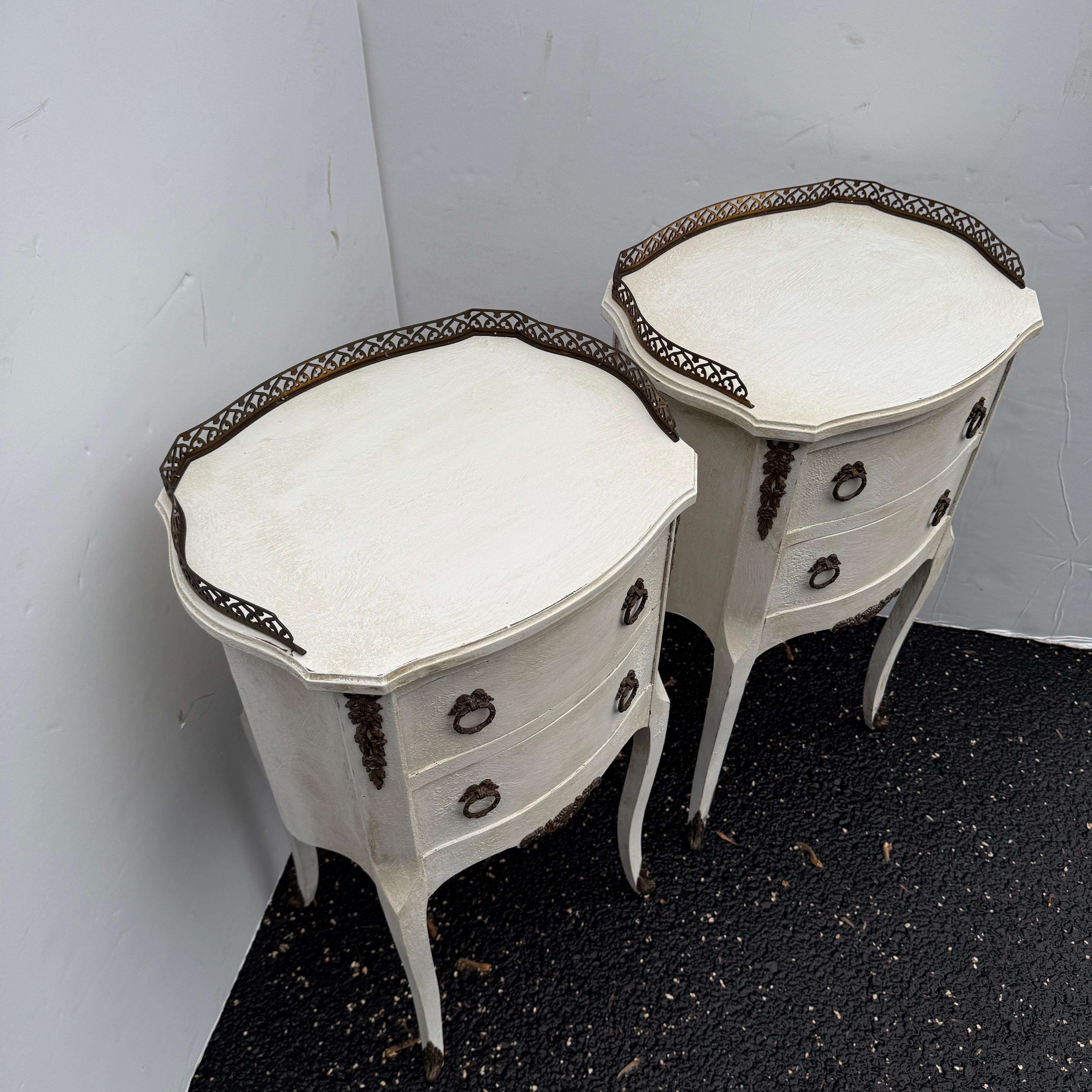 Brass Pair of French Painted Bedside End Tables with Two Drawers For Sale
