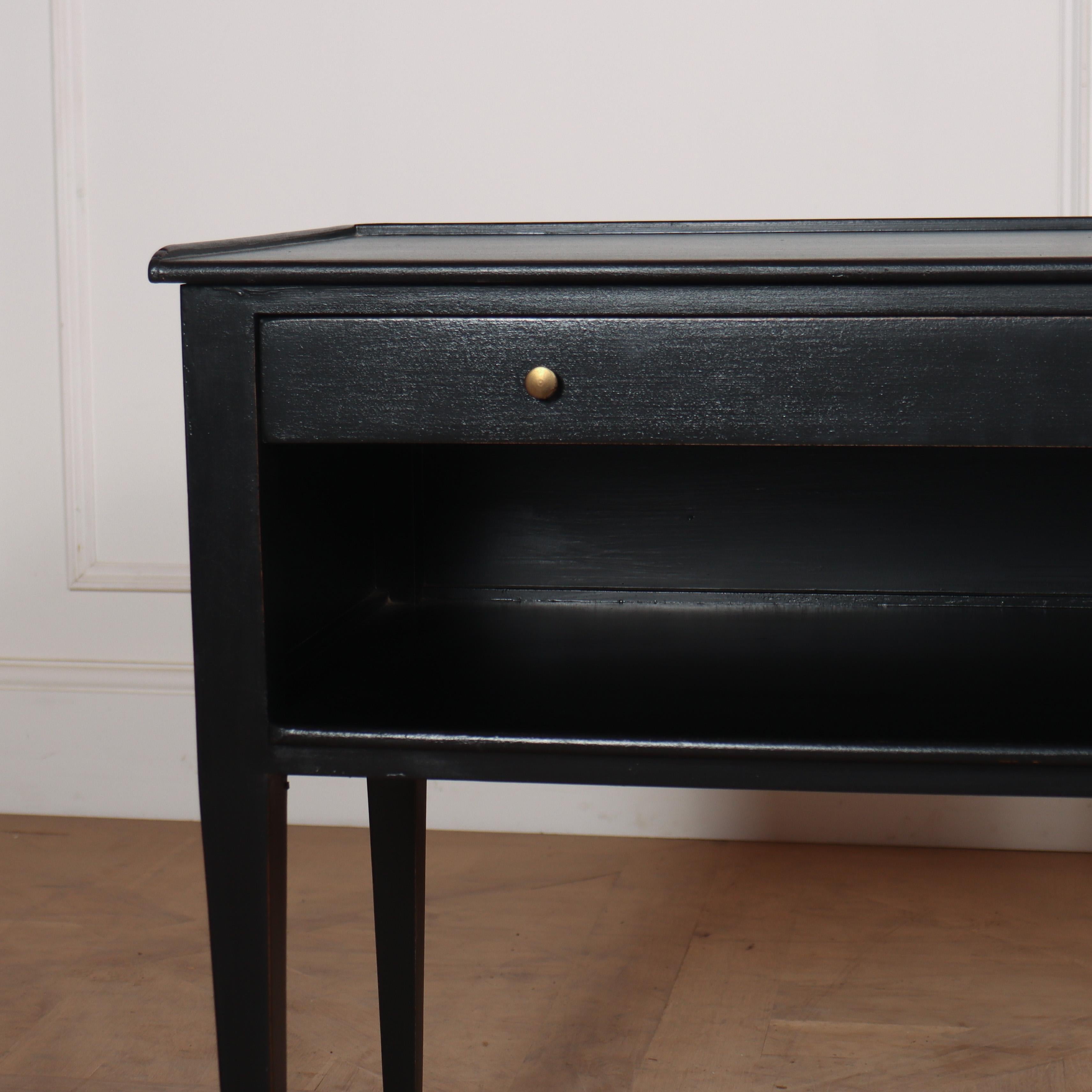 Pair of early 20th C ebonised French oak bedside tables. 1920.

2