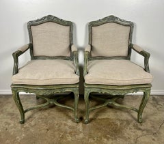 Pair of French Painted Cane Seat Armchairs with Cushions