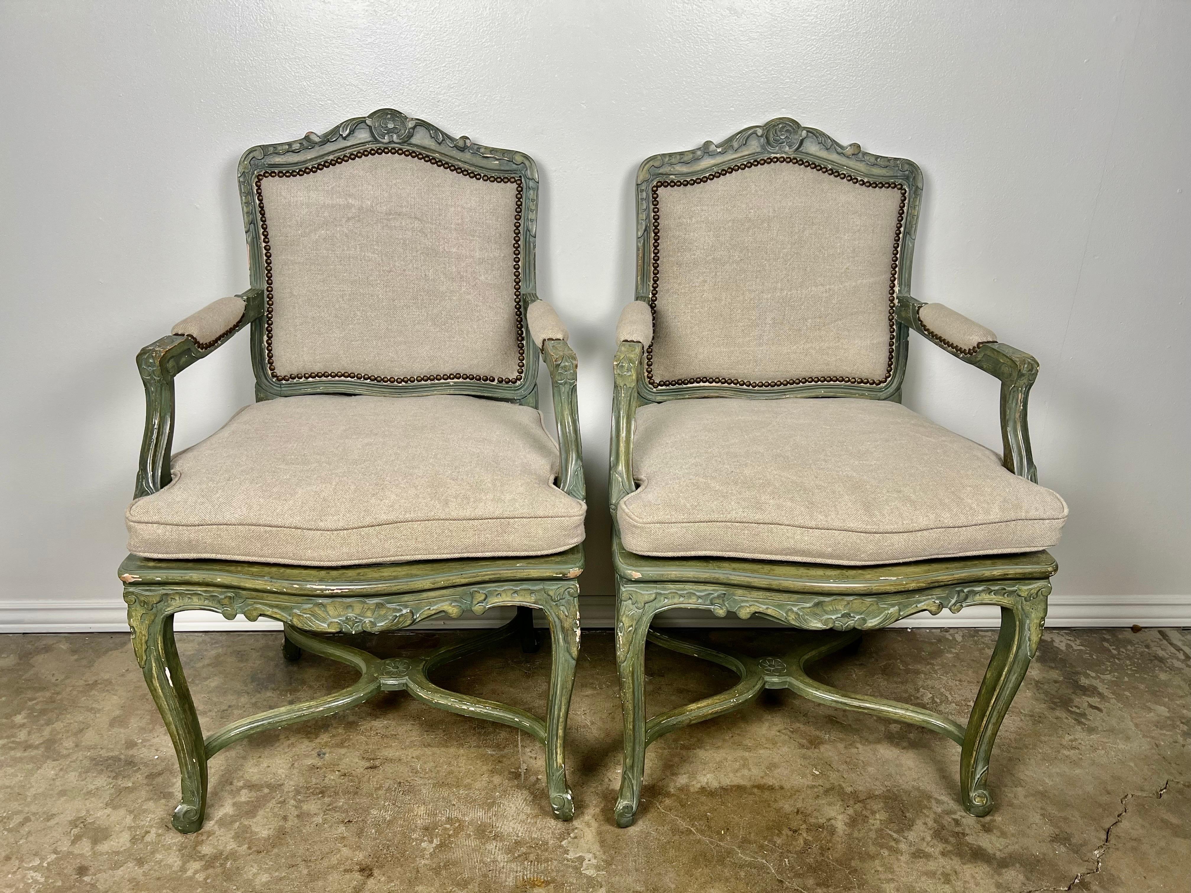 French Provincial Pair of French Painted Cane Seat Armchairs with Cushions For Sale