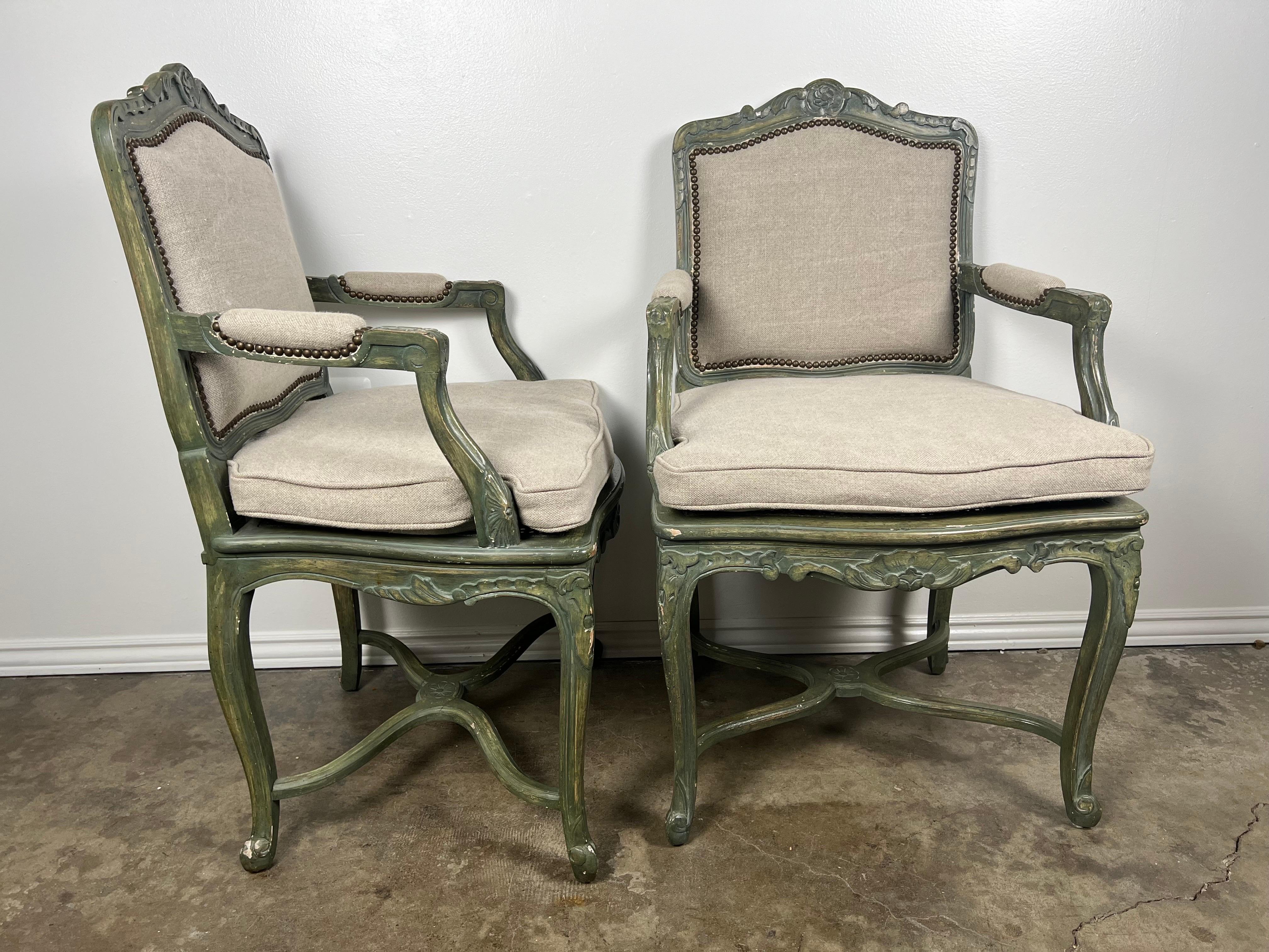 Pair of French Painted Cane Seat Armchairs with Cushions For Sale 1