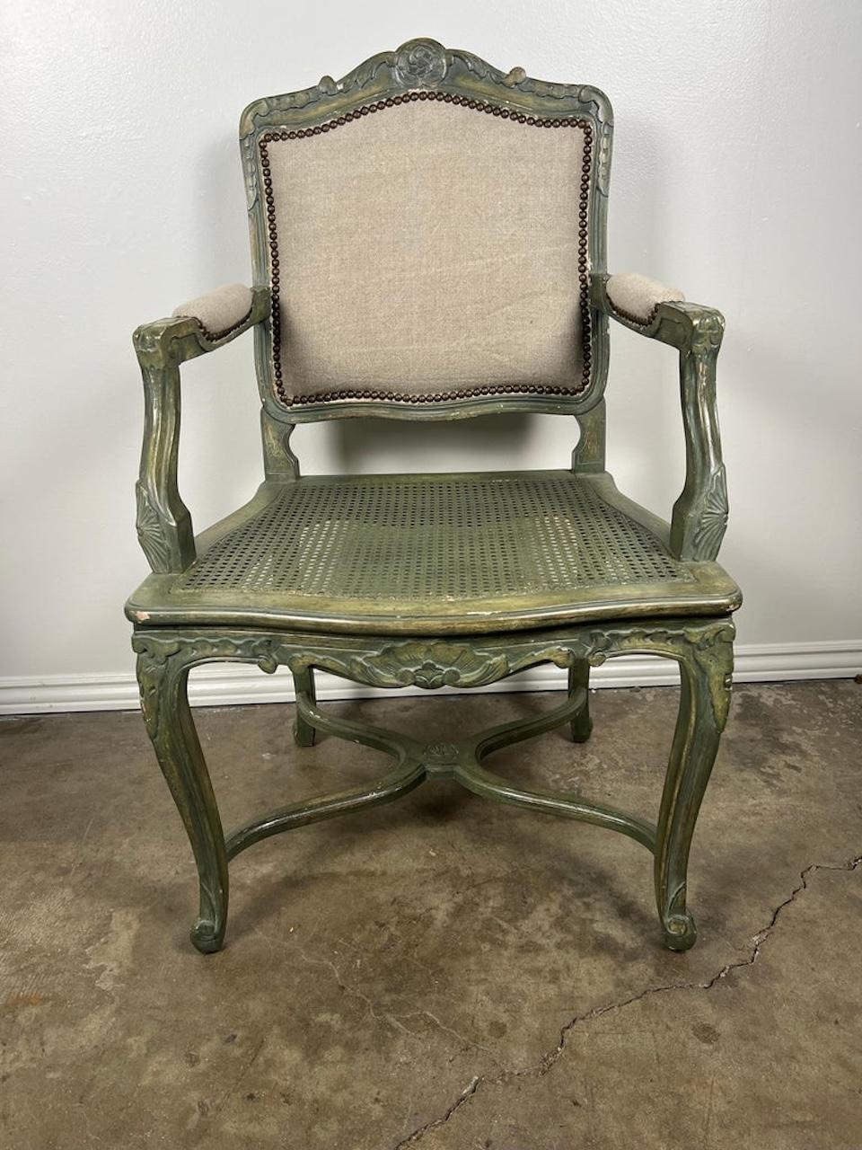 Pair of French Painted Cane Seat Armchairs with Cushions For Sale 5