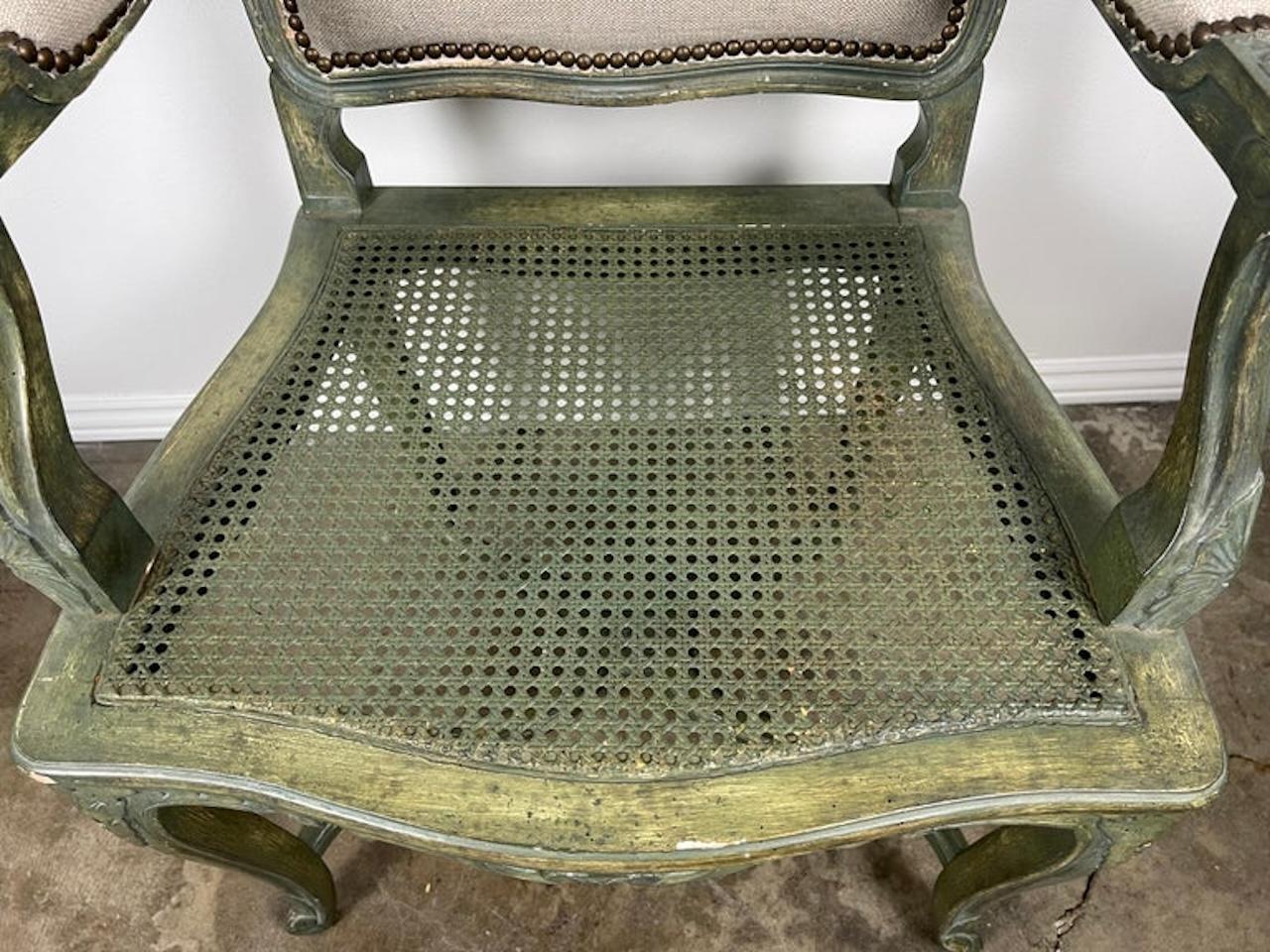 Pair of French Painted Cane Seat Armchairs with Cushions For Sale 8
