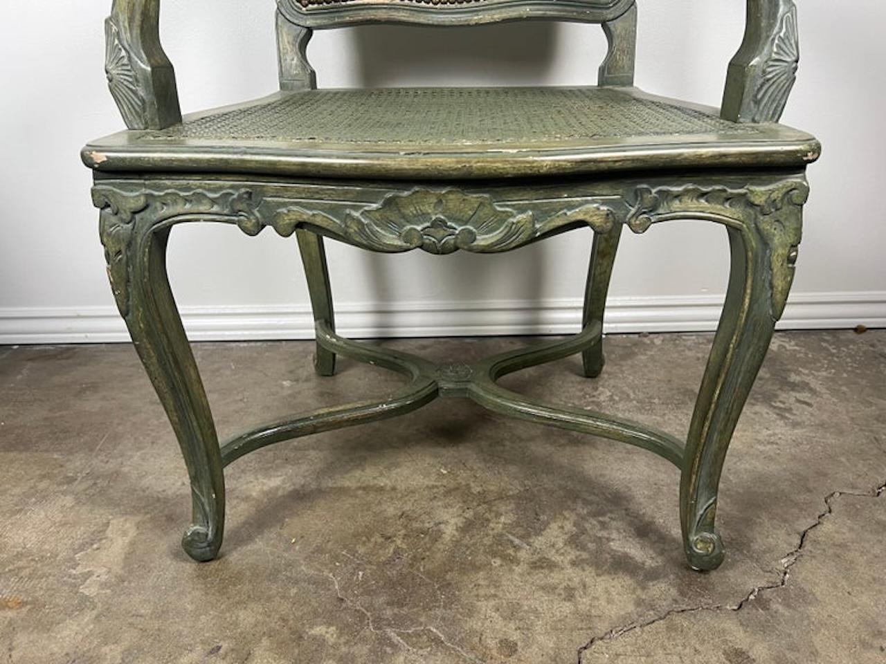 Pair of French Painted Cane Seat Armchairs with Cushions For Sale 11
