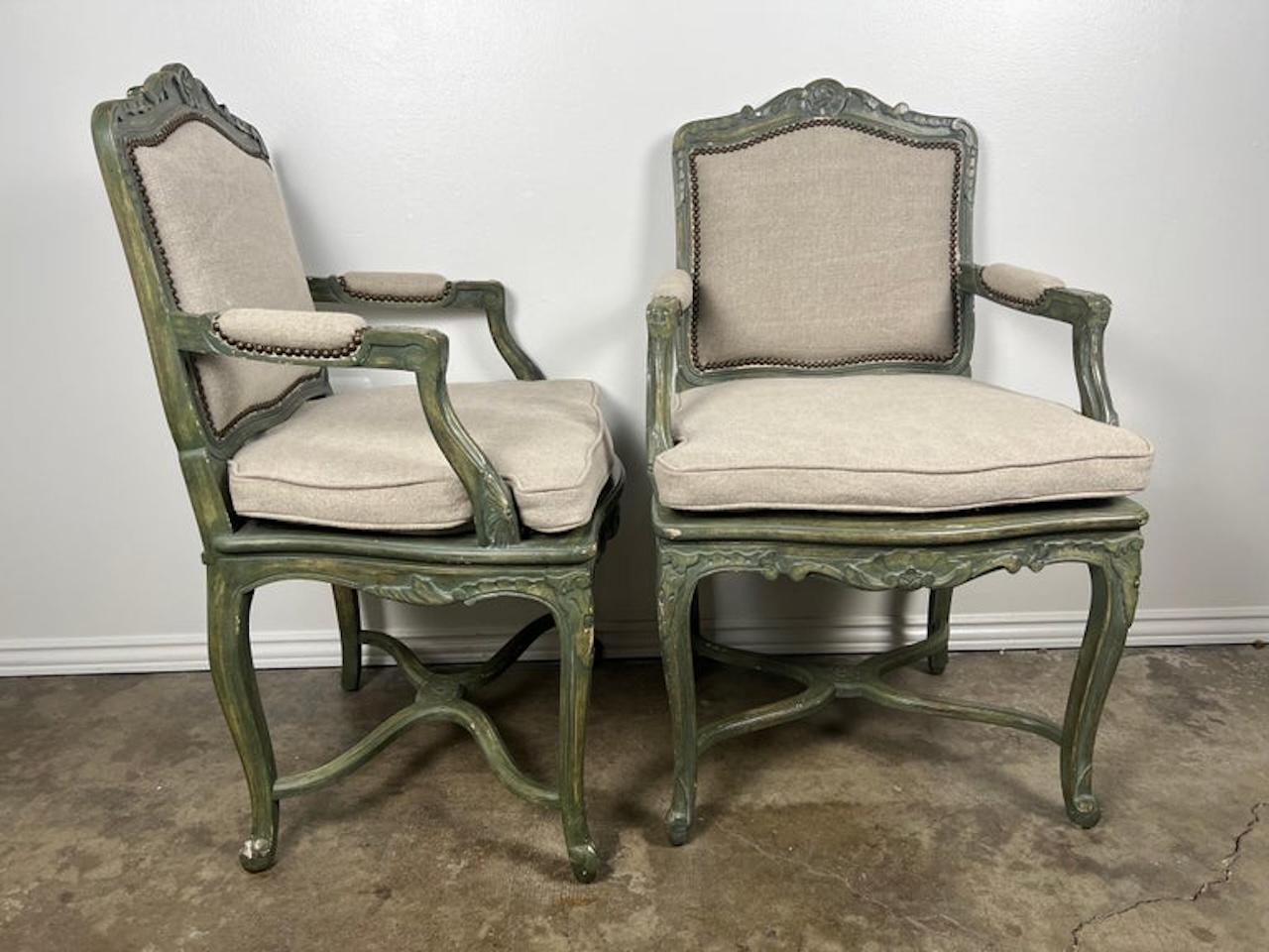 French Provincial Pair of French Painted Cane Seat Armchairs with Cushions For Sale