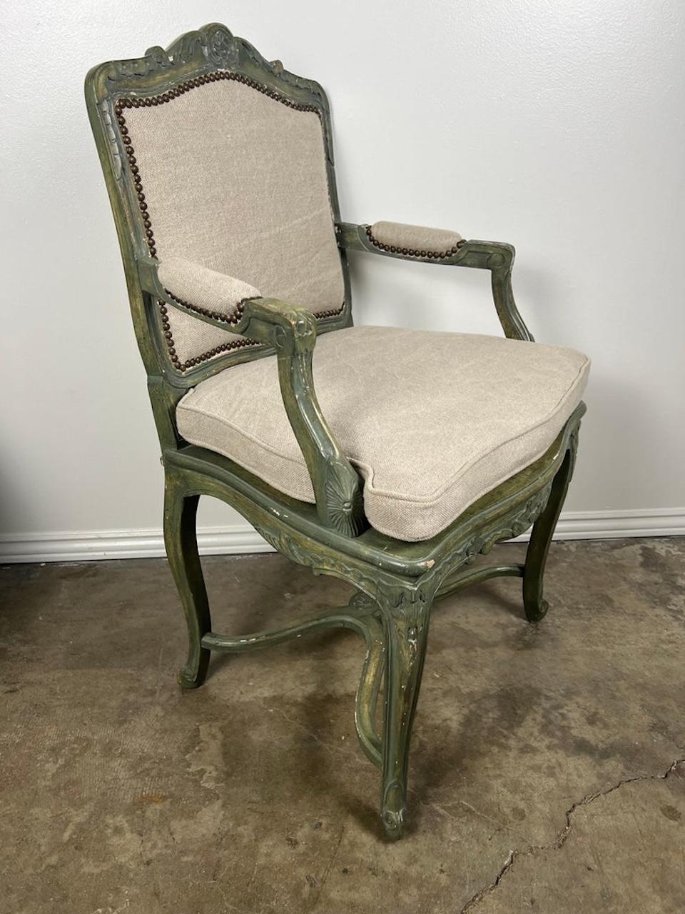 Linen Pair of French Painted Cane Seat Armchairs with Cushions For Sale