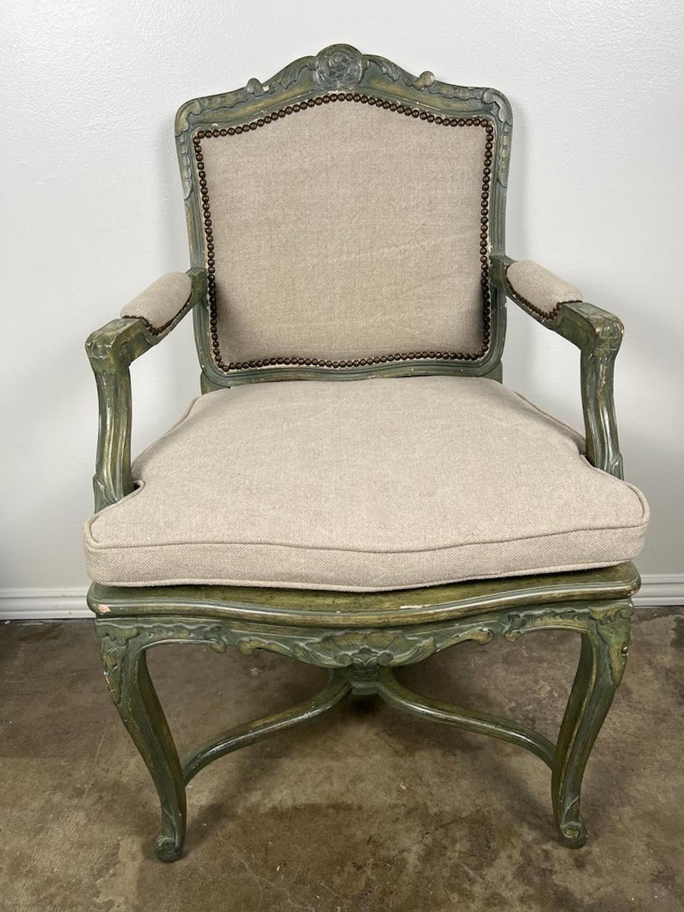 Pair of French Painted Cane Seat Armchairs with Cushions For Sale 1
