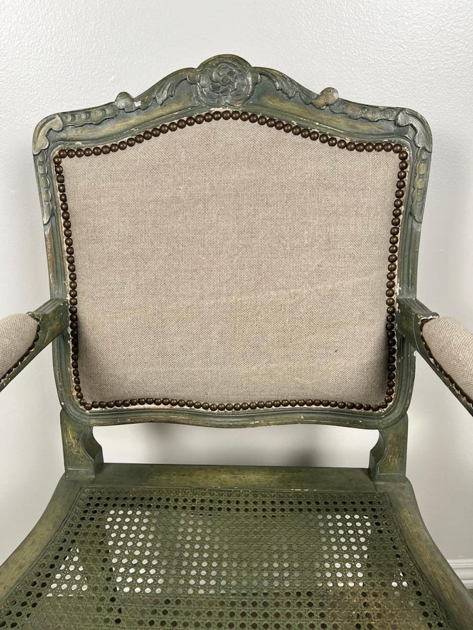 Pair of French Painted Cane Seat Armchairs with Cushions For Sale 3