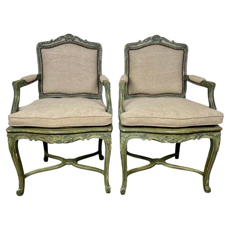 Pair of French Painted Cane Seat Armchairs with Cushions For Sale