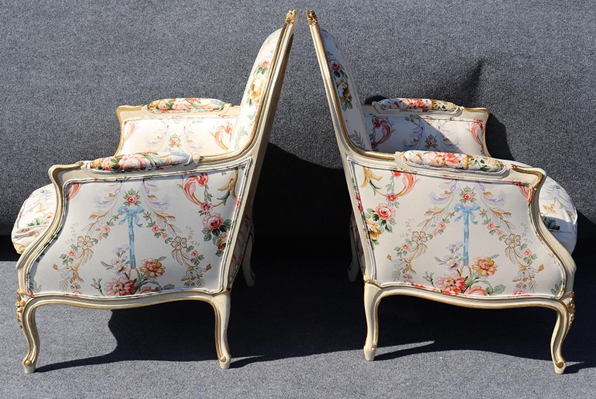 Pair of French Painted Carved Louis XV Style Bergère Chairs 6